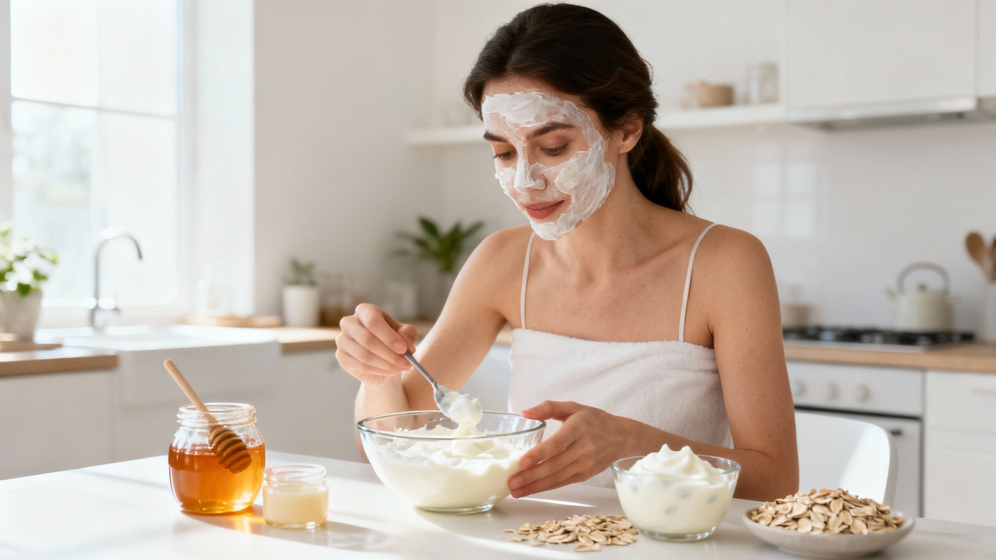 Donna sorridente che si applica una maschera viso fai da te in un ambiente luminoso e naturale