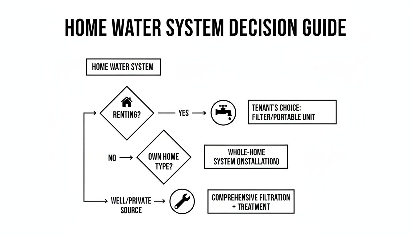 A flowchart for home water system decisions, guiding choices based on renting, owning, or private water sources.