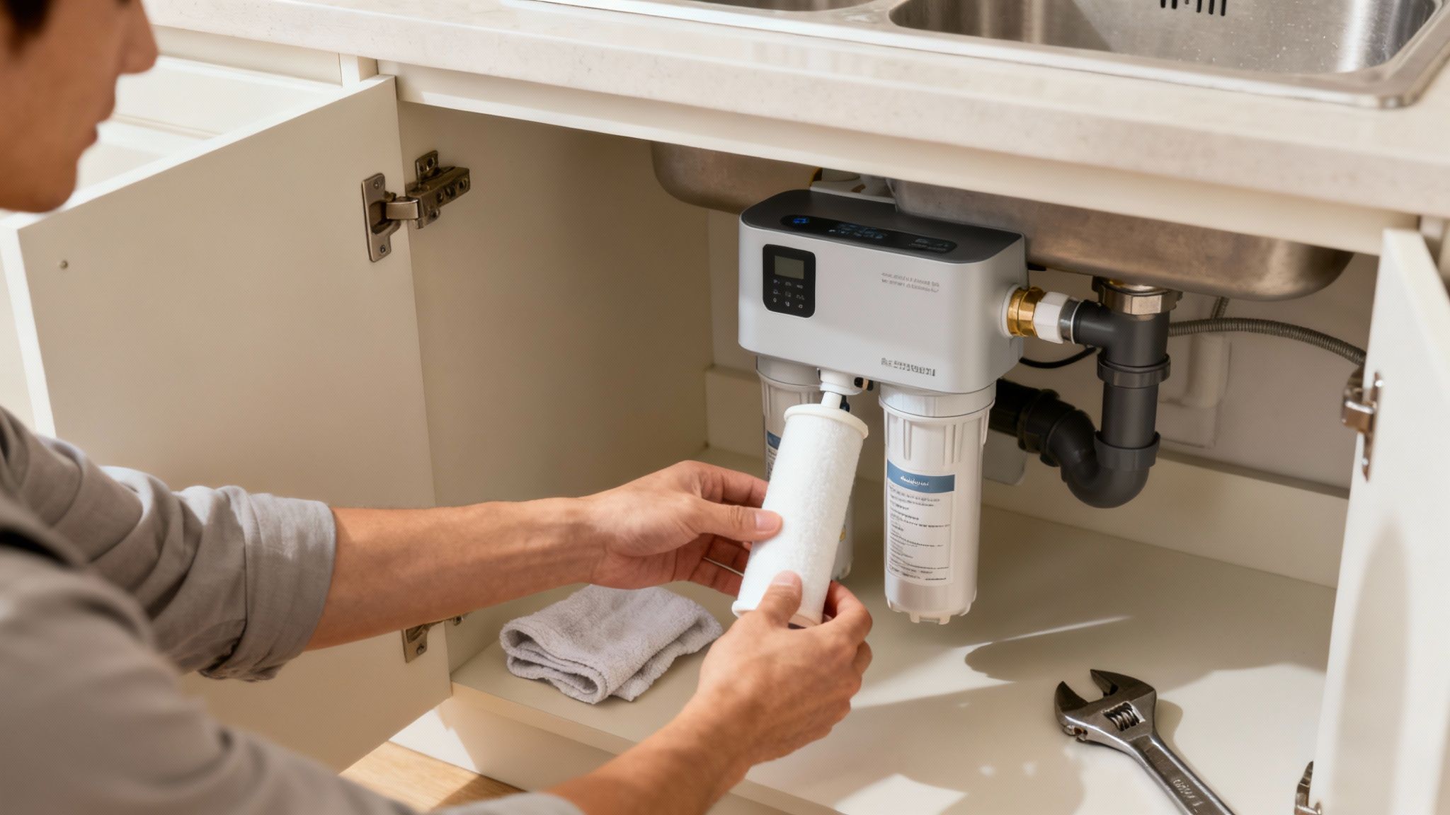 Le mani di una persona che installa un filtro per l'acqua montato sul rubinetto in una cucina pulita e moderna.