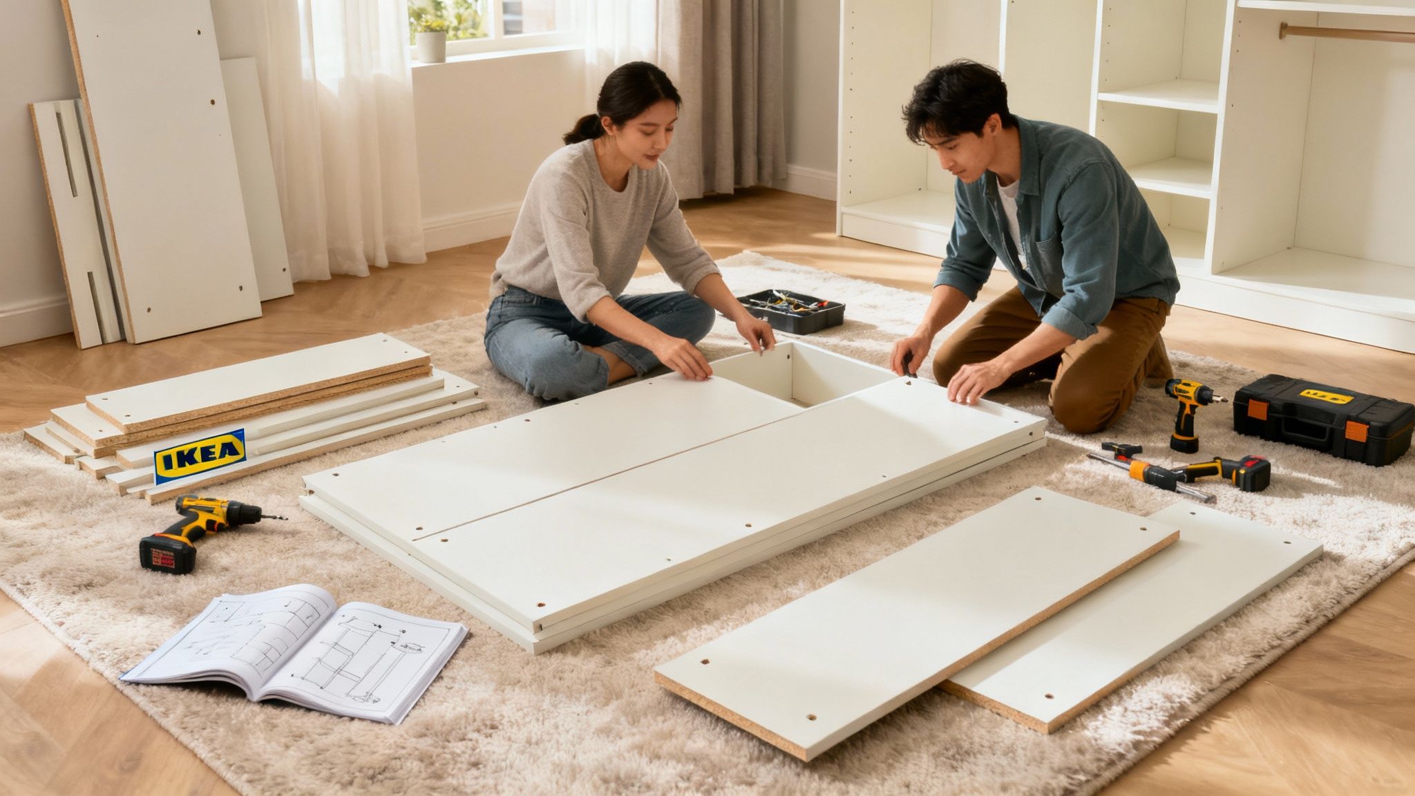 A person smiling while assembling an IKEA wardrobe in a bright room.