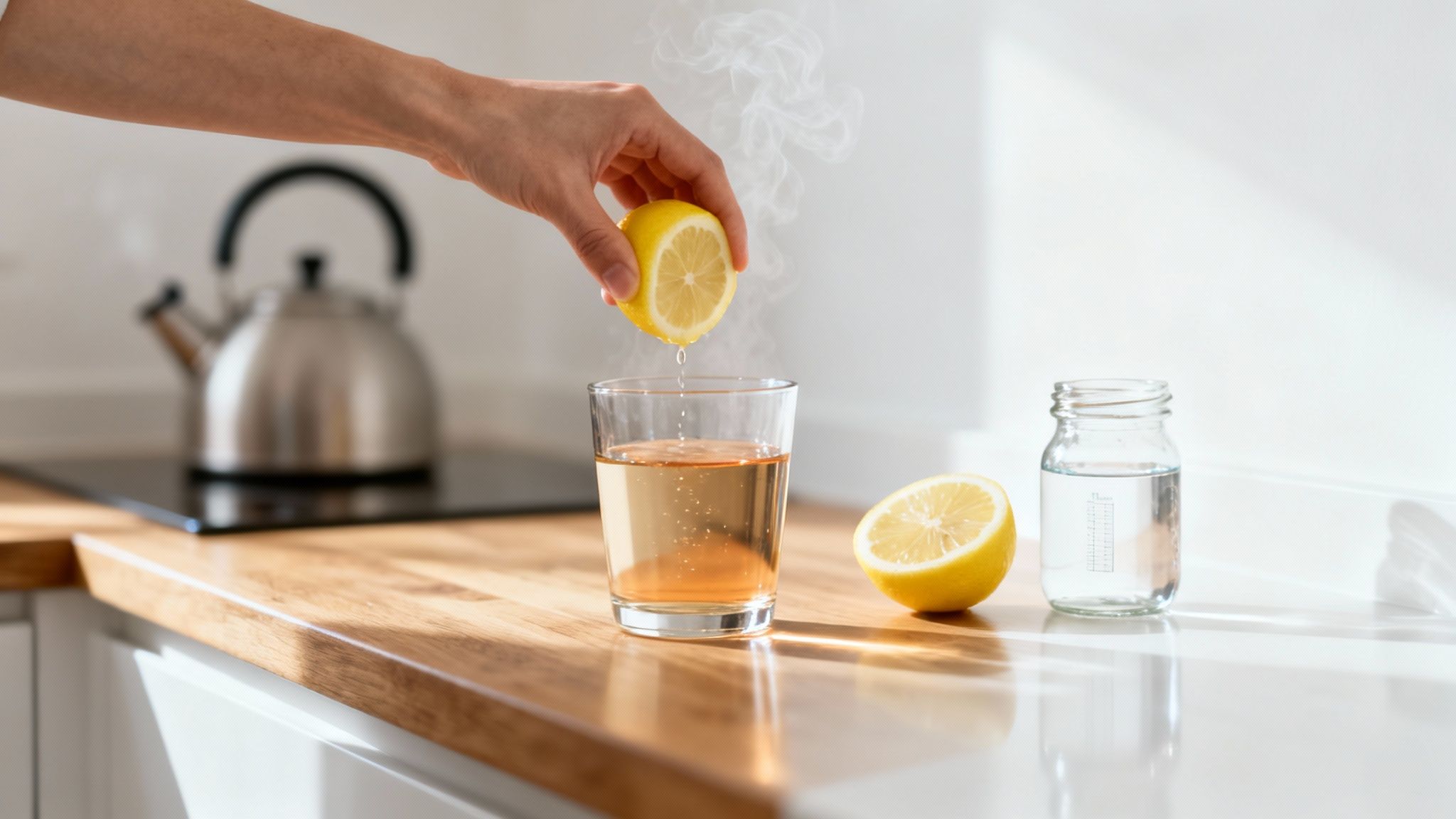 A person squeezes a fresh lemon into a glass of steaming hot water on a kitchen counter.
