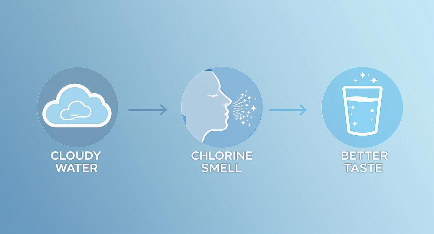 Water filtration process diagram showing cloudy water transformation to clean, chlorine-free drinking water with better taste