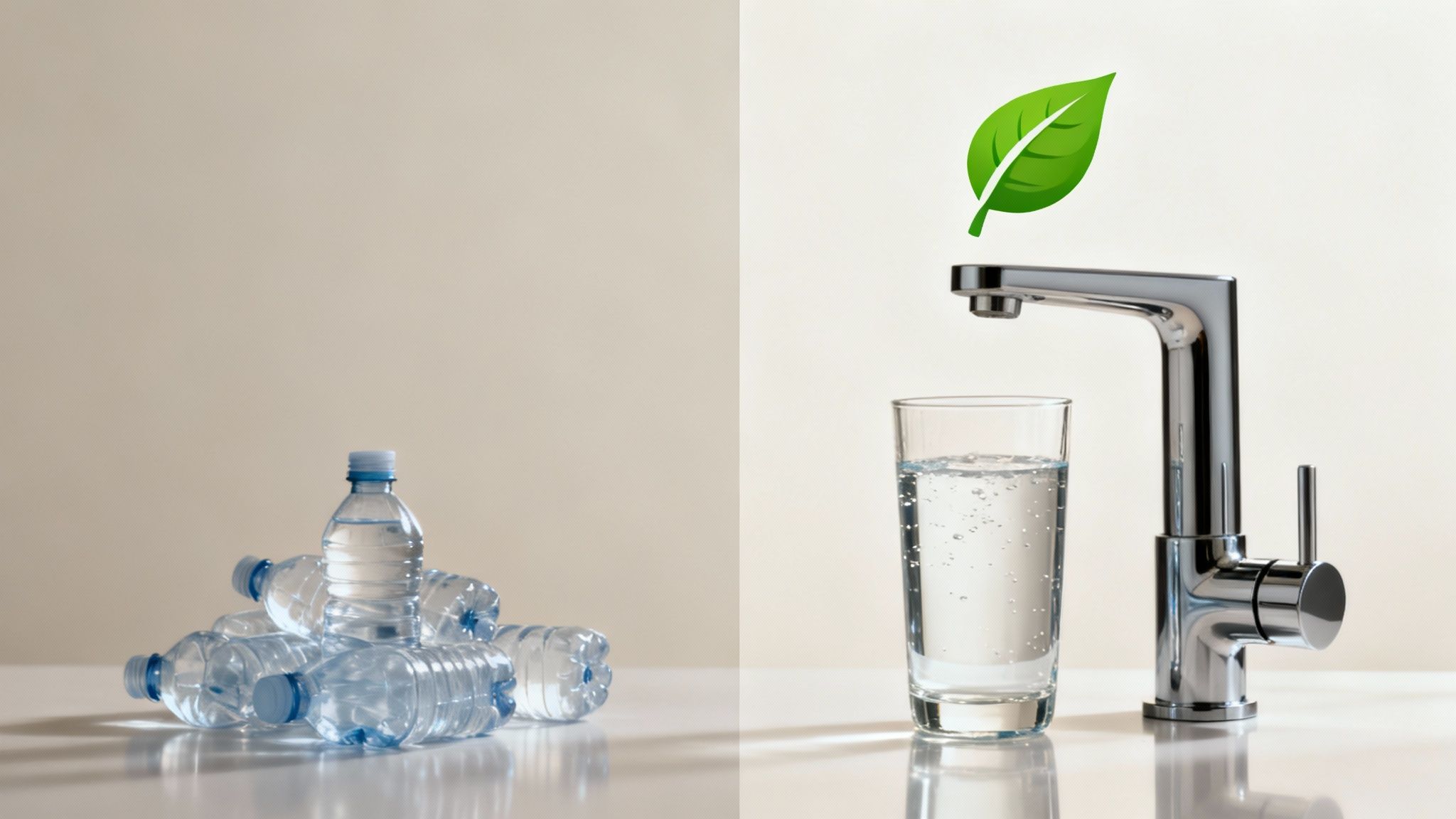 Comparison of plastic water bottles versus modern tap faucet with filtered water and eco-friendly green leaf symbol
