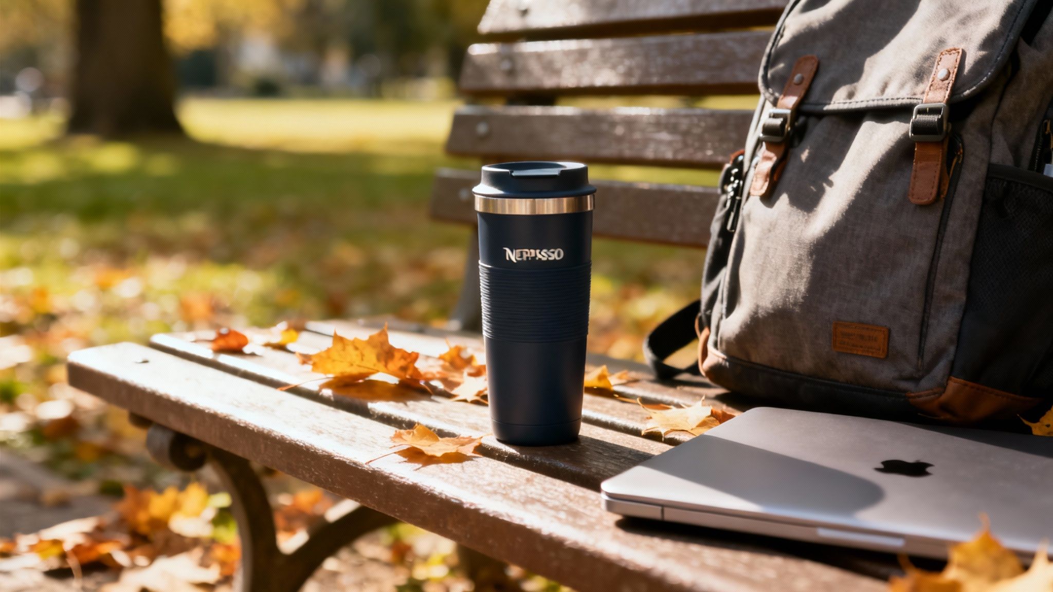 A person holding a Nespresso travel mug while enjoying an outdoor view.