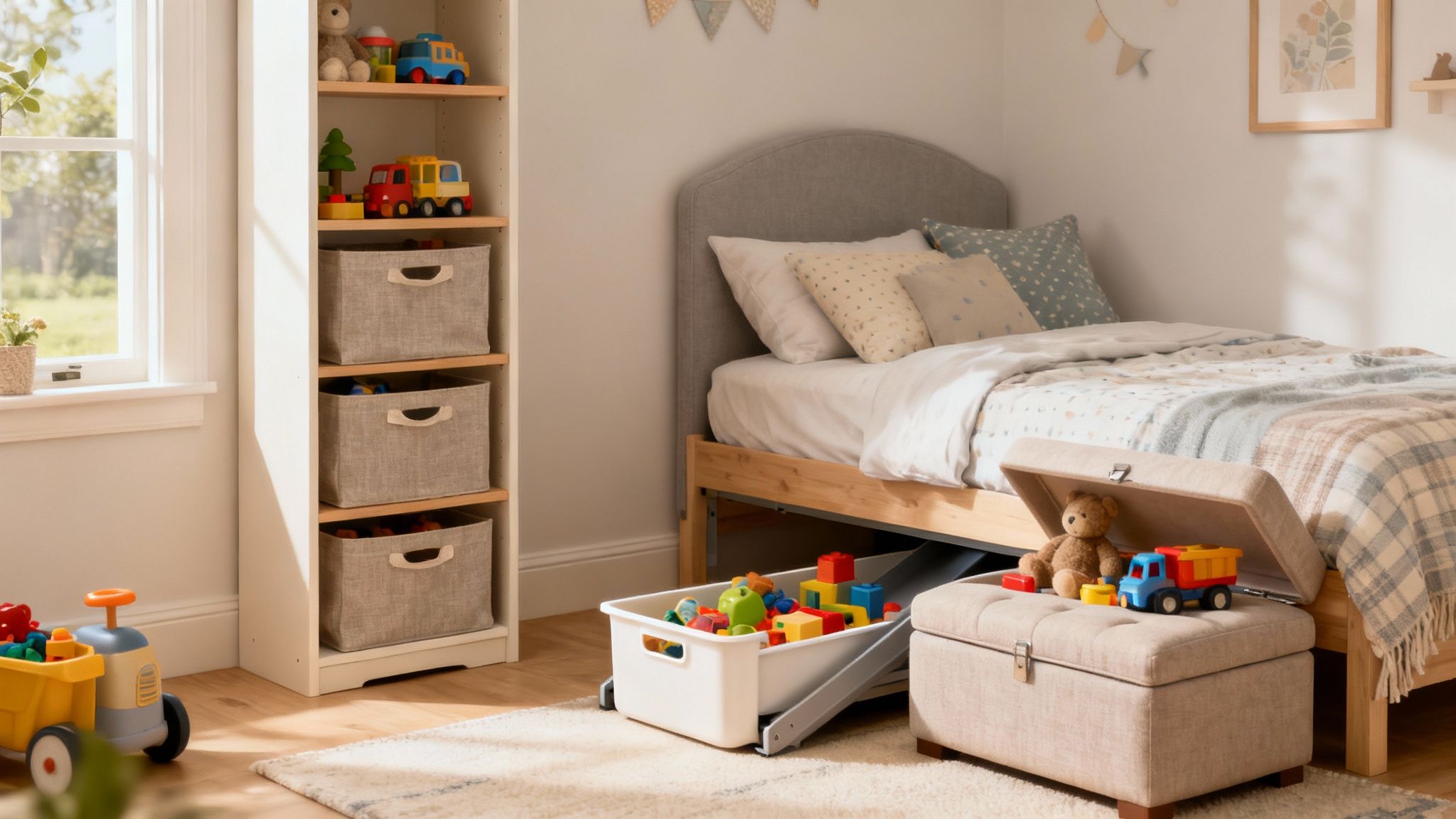 A child's bedroom corner with a tall, slim shelving unit holding books and toy bins, and a storage ottoman in front.