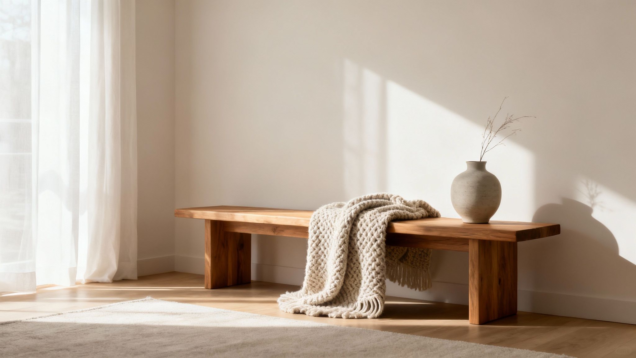 A minimalist living room with carefully selected design accessories on a coffee table.