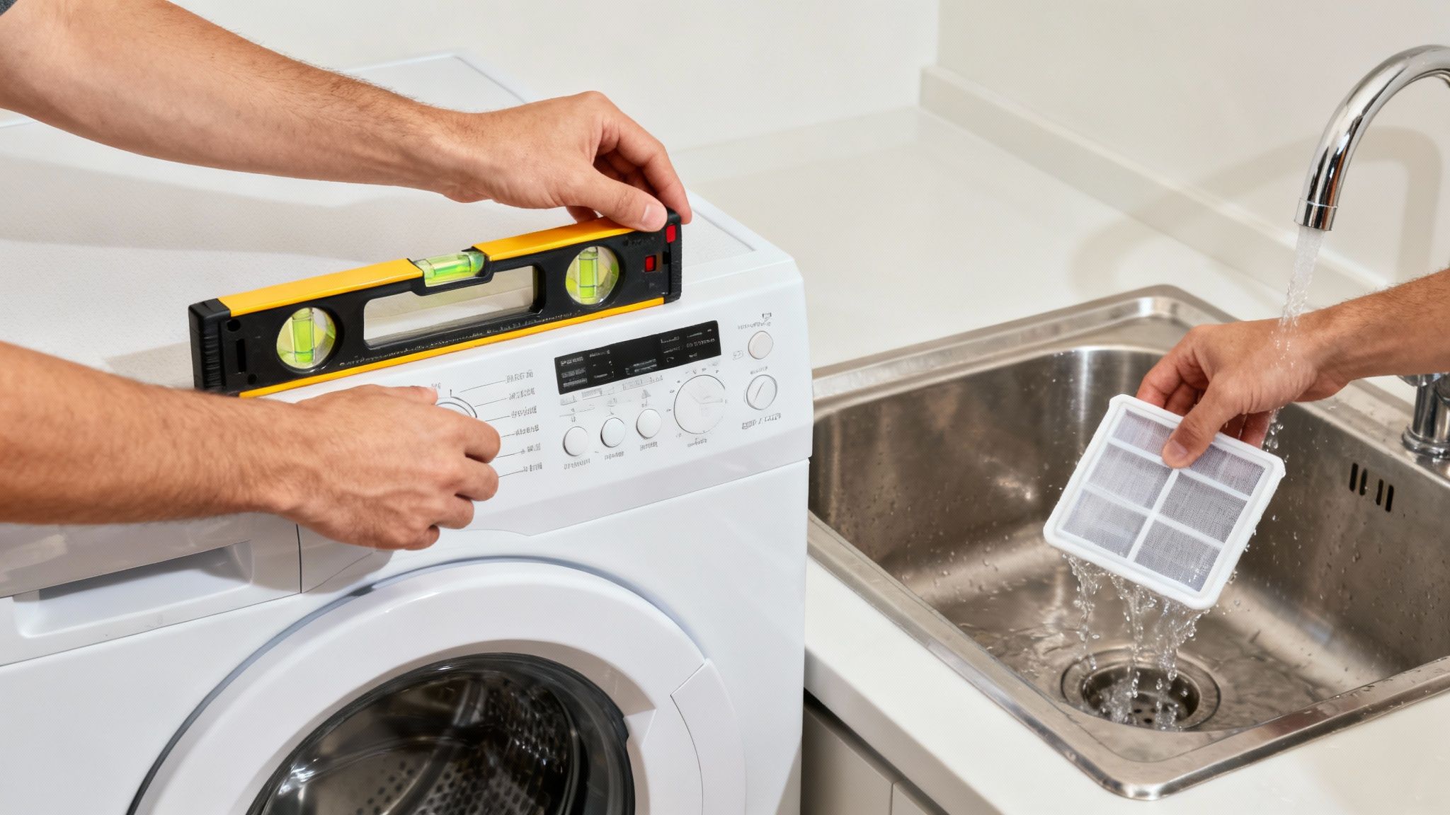 A person cleaning the filter of their eco wash system.