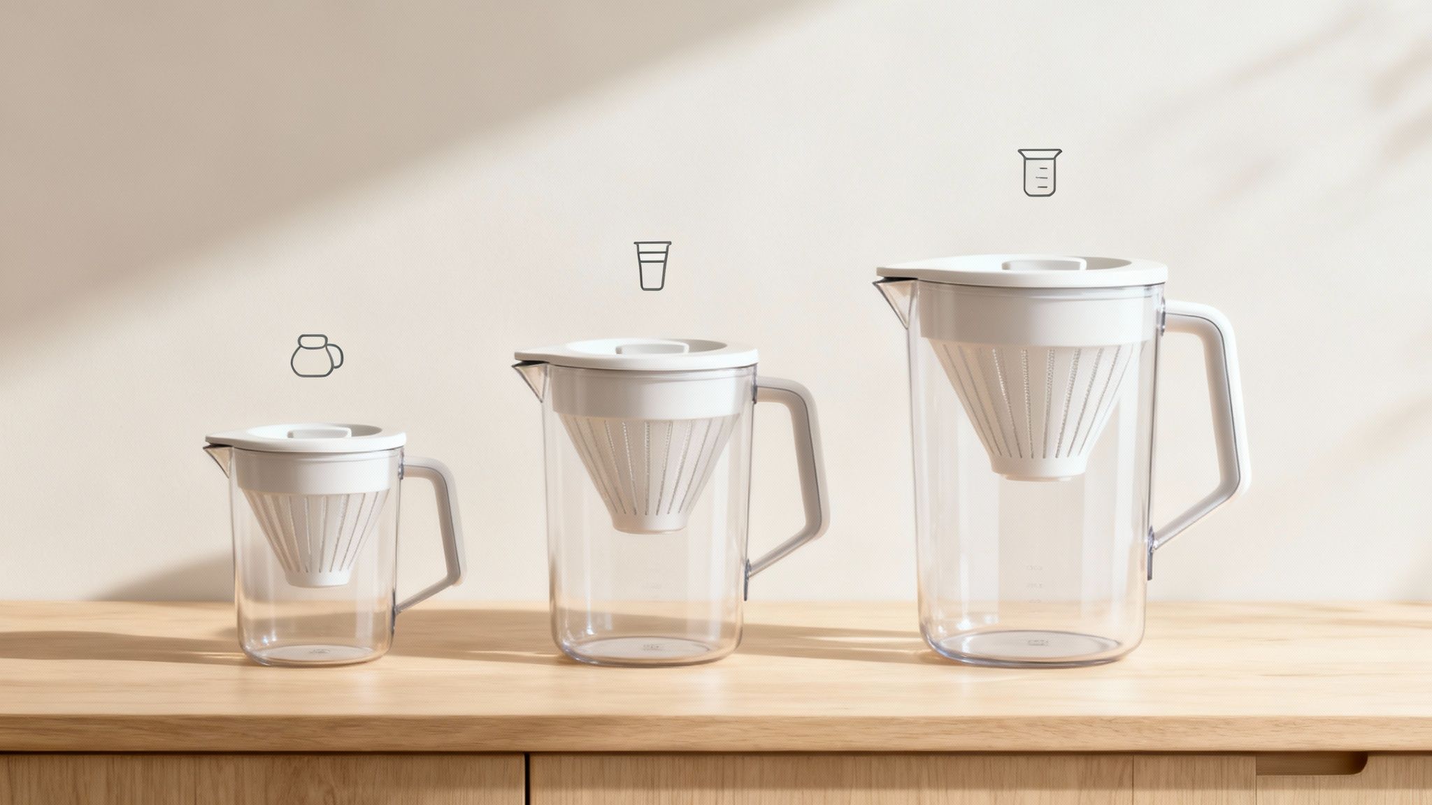 Una donna versa l'acqua da una caraffa filtrante in un bicchiere in cucina.