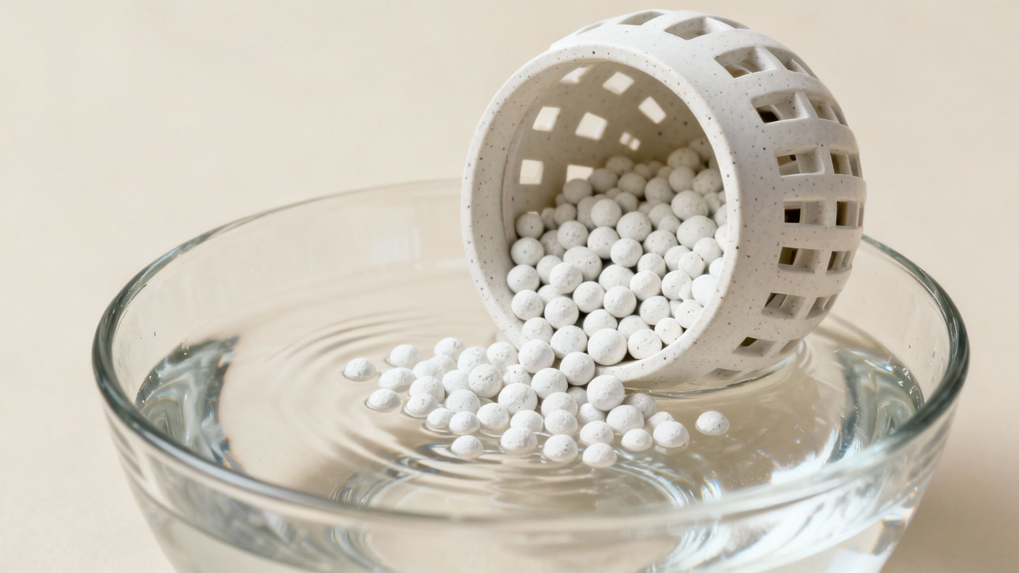 Una palla blu per il bucato con all'interno delle palline di ceramica visibili, appoggiata su una pila di asciugamani bianchi e puliti.