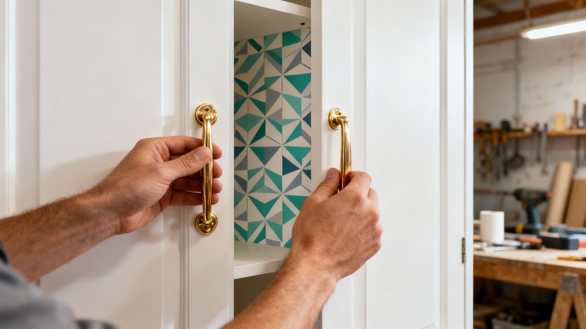 A person applying decorative trim to an IKEA wardrobe door.