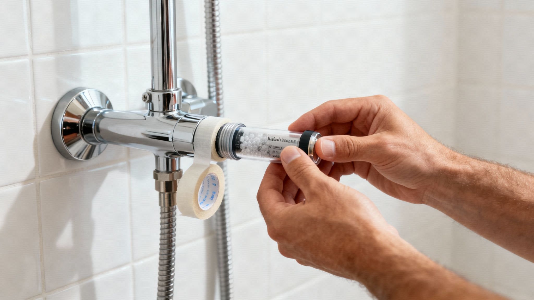 Persona che installa un filtro per la doccia