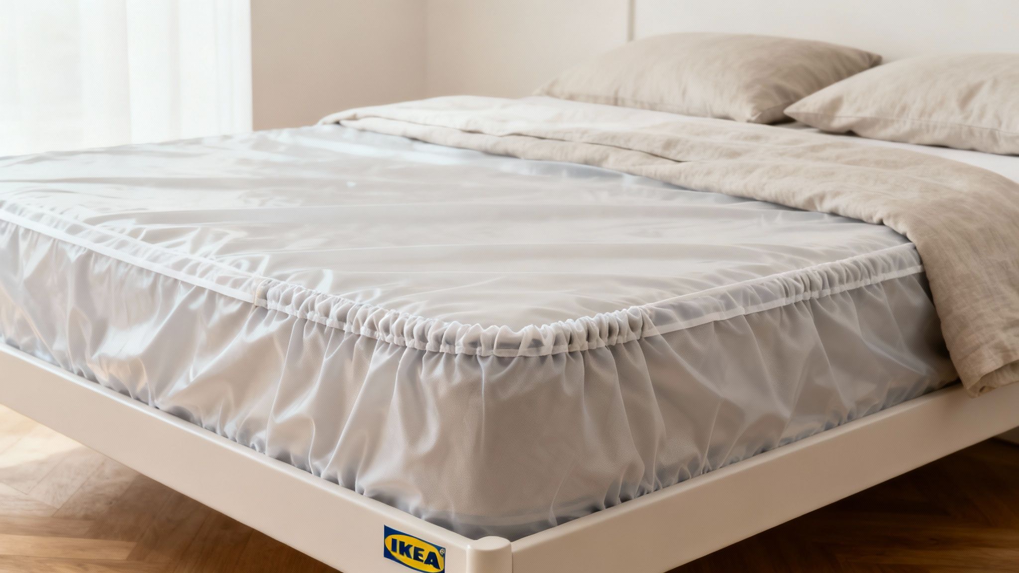 Donna che rifa il letto con un coprimaterasso fresco