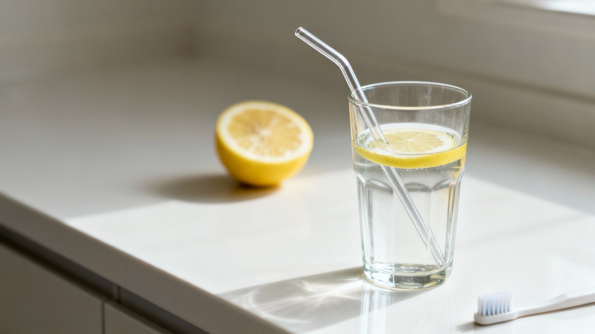 A glass of lemon water with a straw, a half lemon, and a toothbrush on a bright counter.