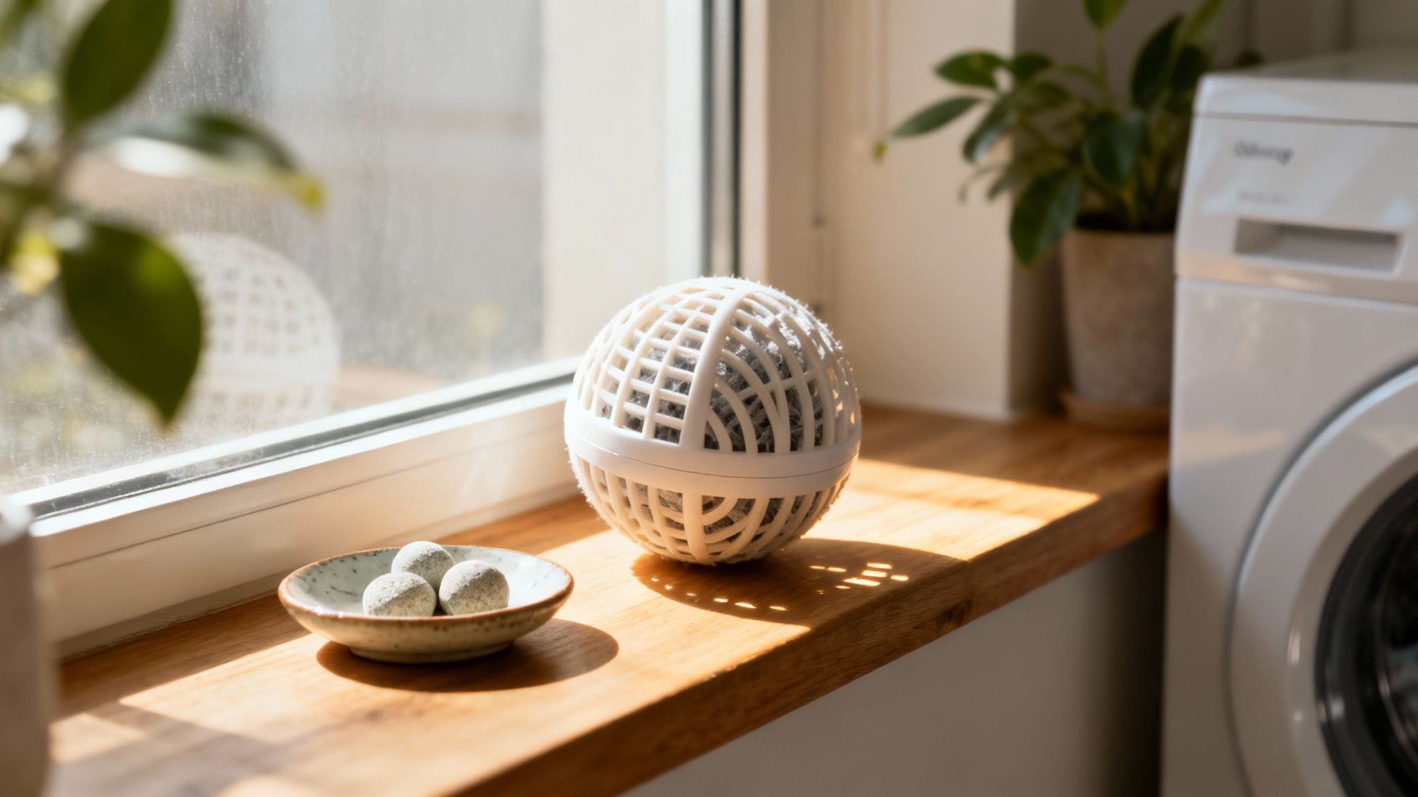 Una persona che inserisce una pallina per il bucato in una lavatrice piena di vestiti.