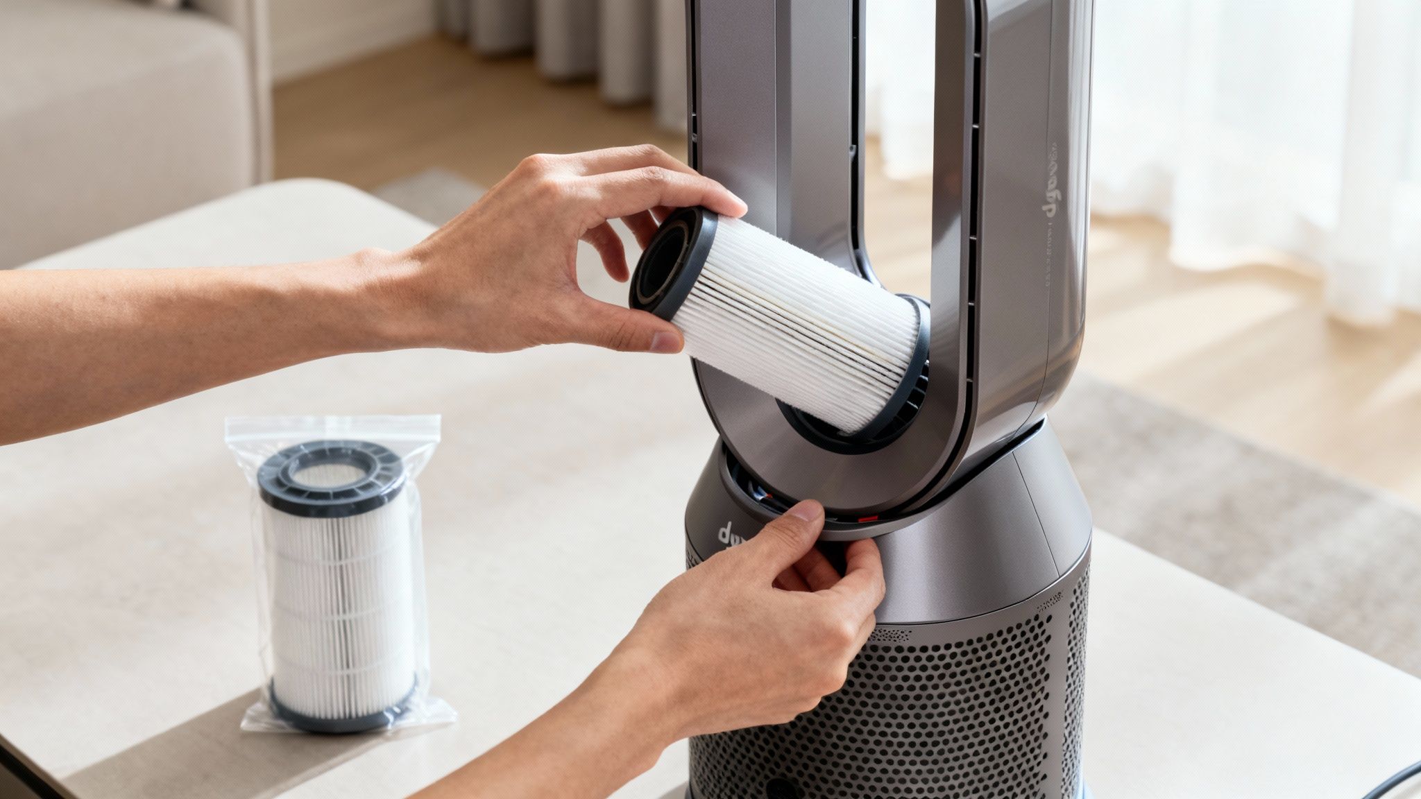Hands replace a dirty filter with a new one in a grey Dyson air purifier, improving air quality.