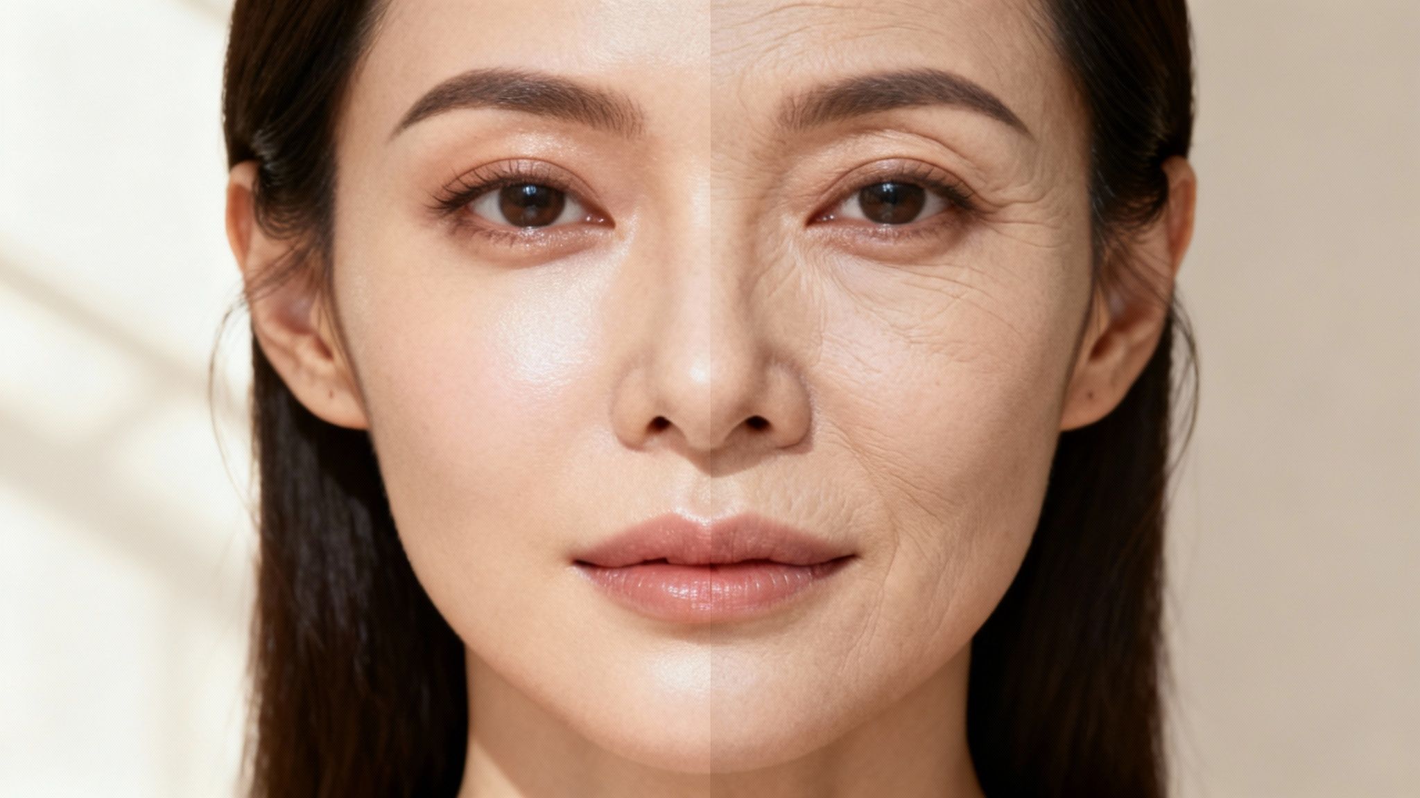 Una donna con pelle luminosa e idratata si tocca delicatamente il viso, circondata da elementi naturali che evocano freschezza.