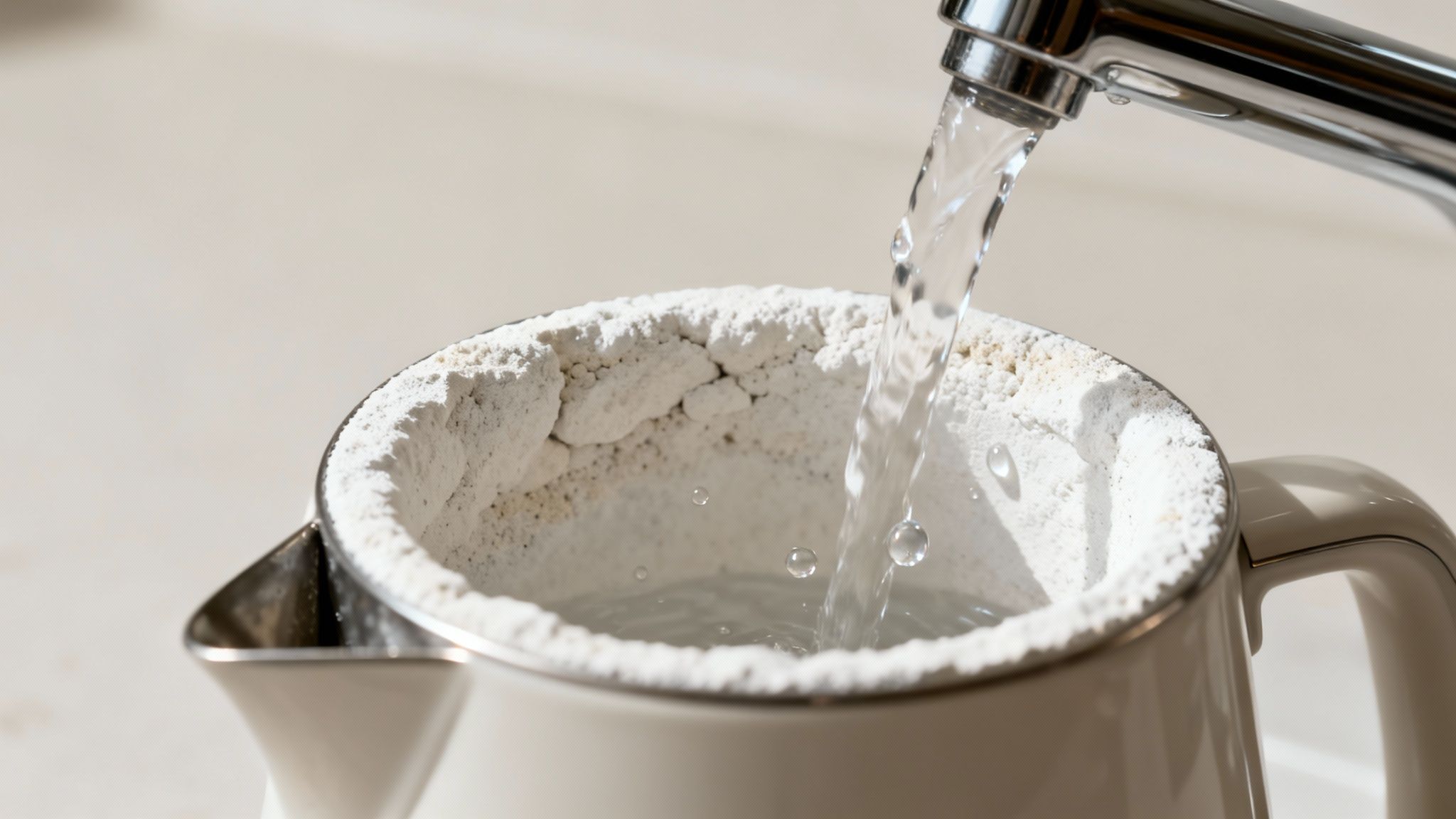 Water from a tap pouring into a white electric kettle heavily encrusted with white limescale deposits.