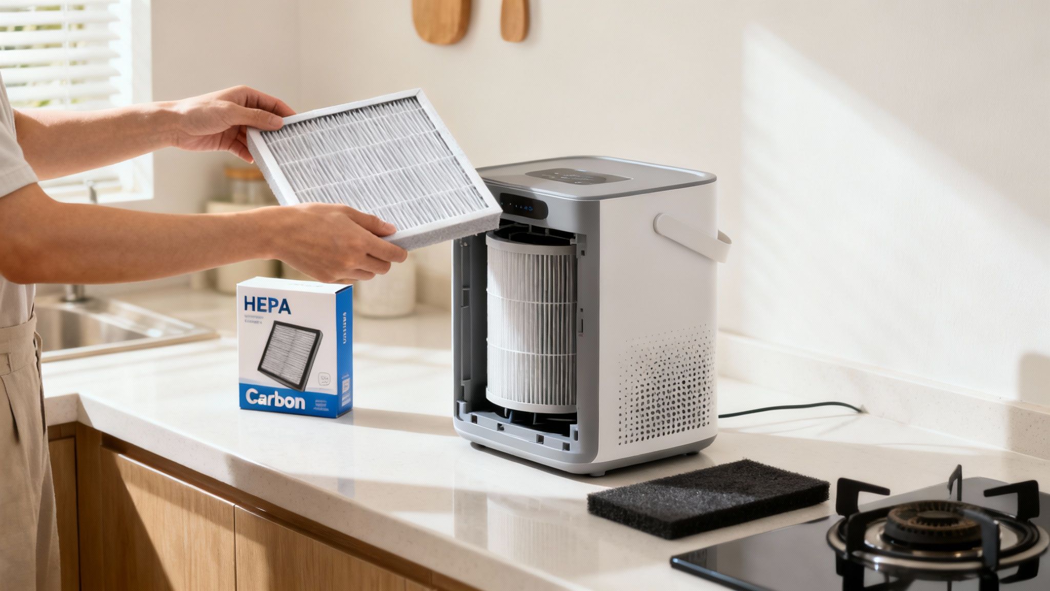 A person's hands carefully replacing the old HEPA filter in an air purifier with a new, clean one.