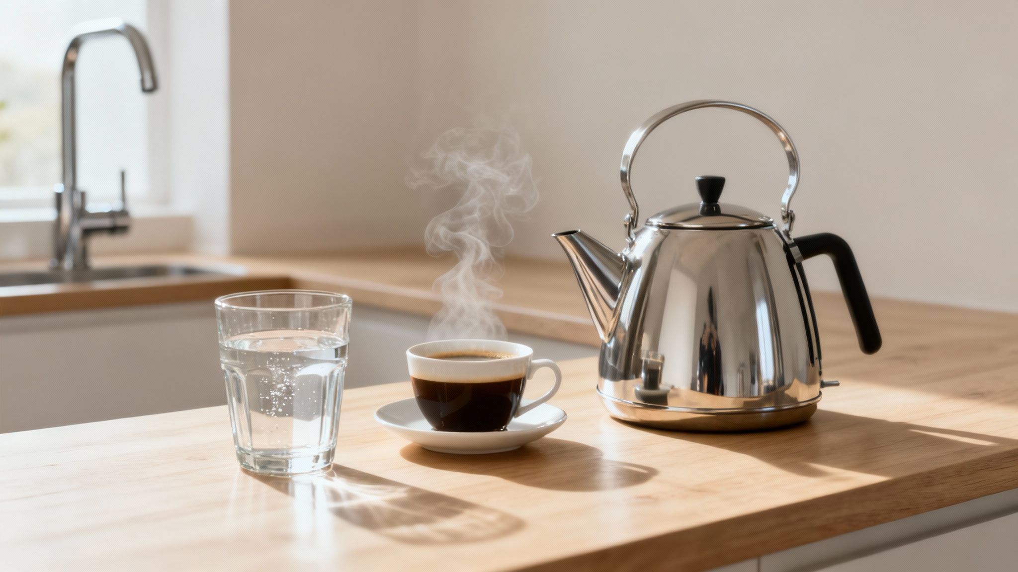 Modern kitchen countertop with stainless steel kettle, espresso cup, and glass of filtered water