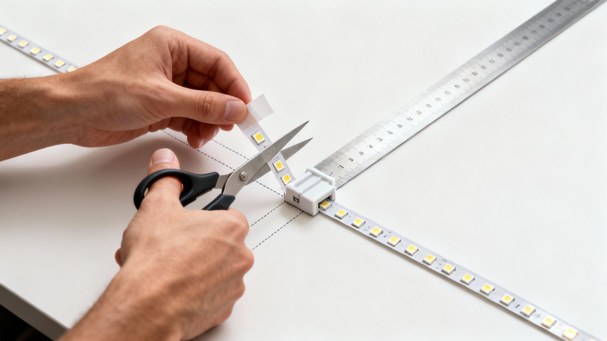 Tools and an LED strip light laid out on a wooden surface, ready for installation.