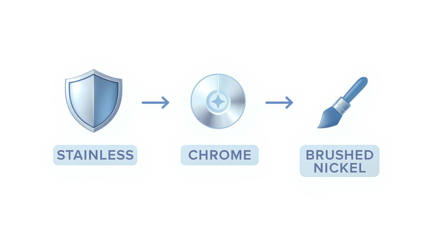 Un ghid vizual care ilustrează finisajele din inox, crom și nichel periat cu pictogramele corespunzătoare.