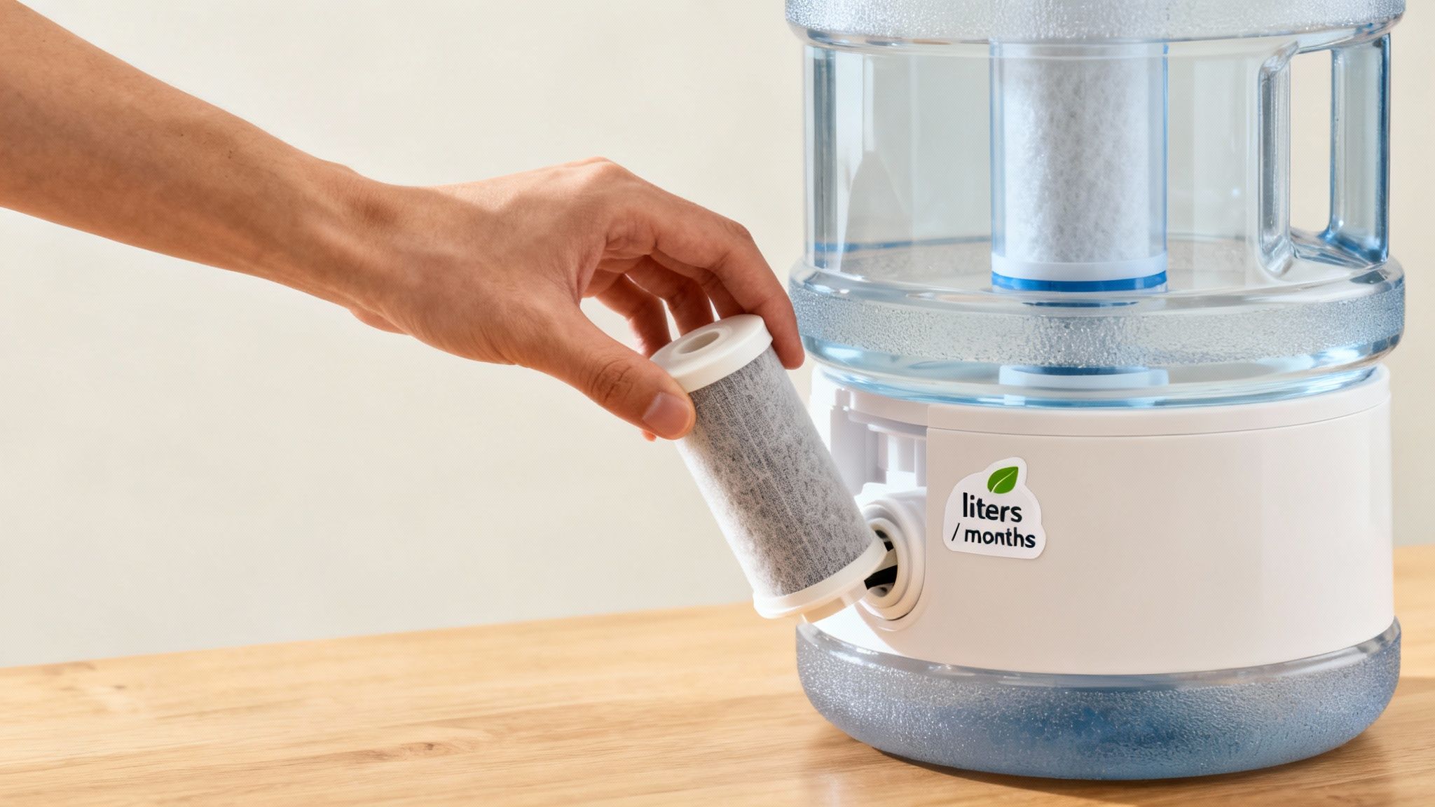 A hand replaces a water filter in a large home water dispenser with a 'liters/months' sticker.