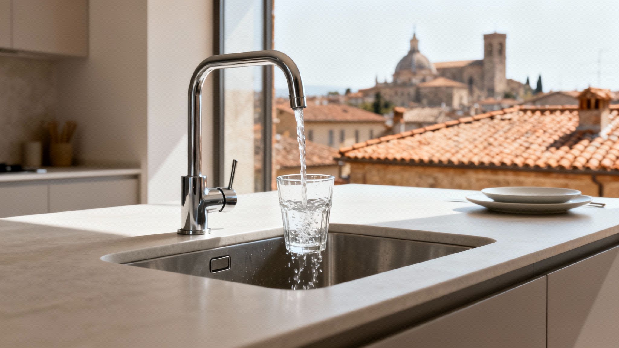 Water pours from a modern kitchen faucet into a glass, with an Italian cityscape backdrop.