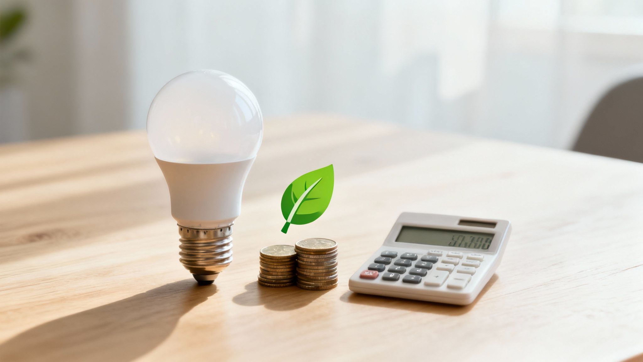 Una foglia verde che racchiude una lampadina LED luminosa, simbolo di energia ecosostenibile.