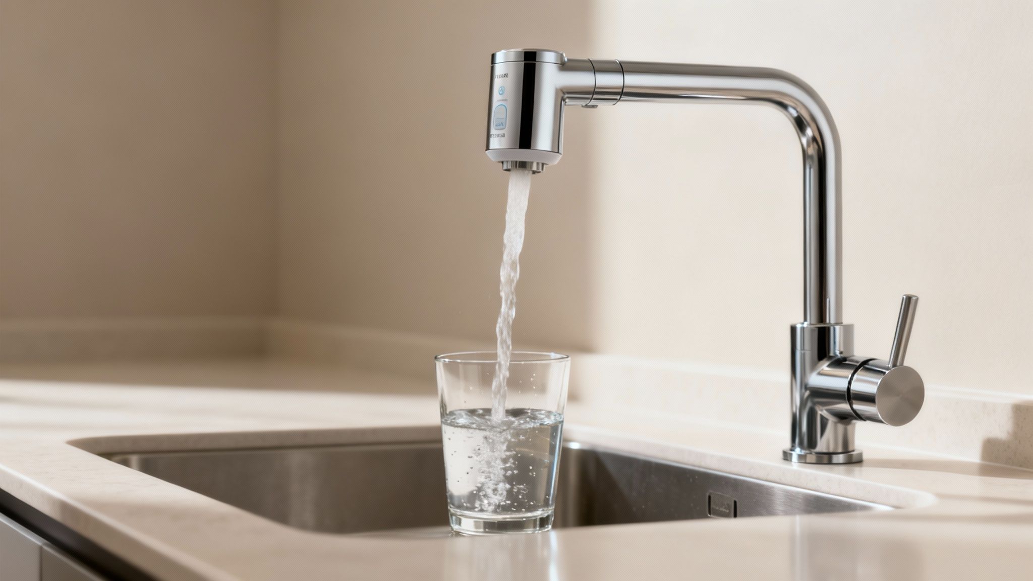 Apă proaspătă curge dintr-un robinet de bucătărie modern cu filtru într-un pahar.