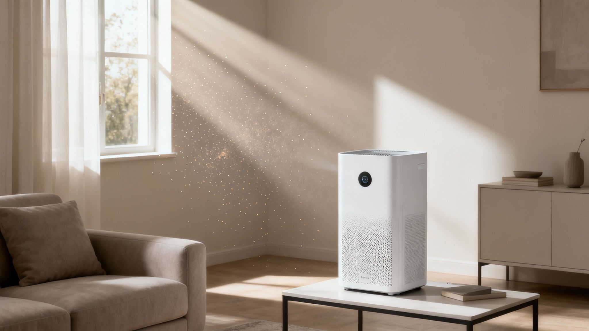 A modern white HEPA air purifier cleaning the air in a stylish living room with plants.