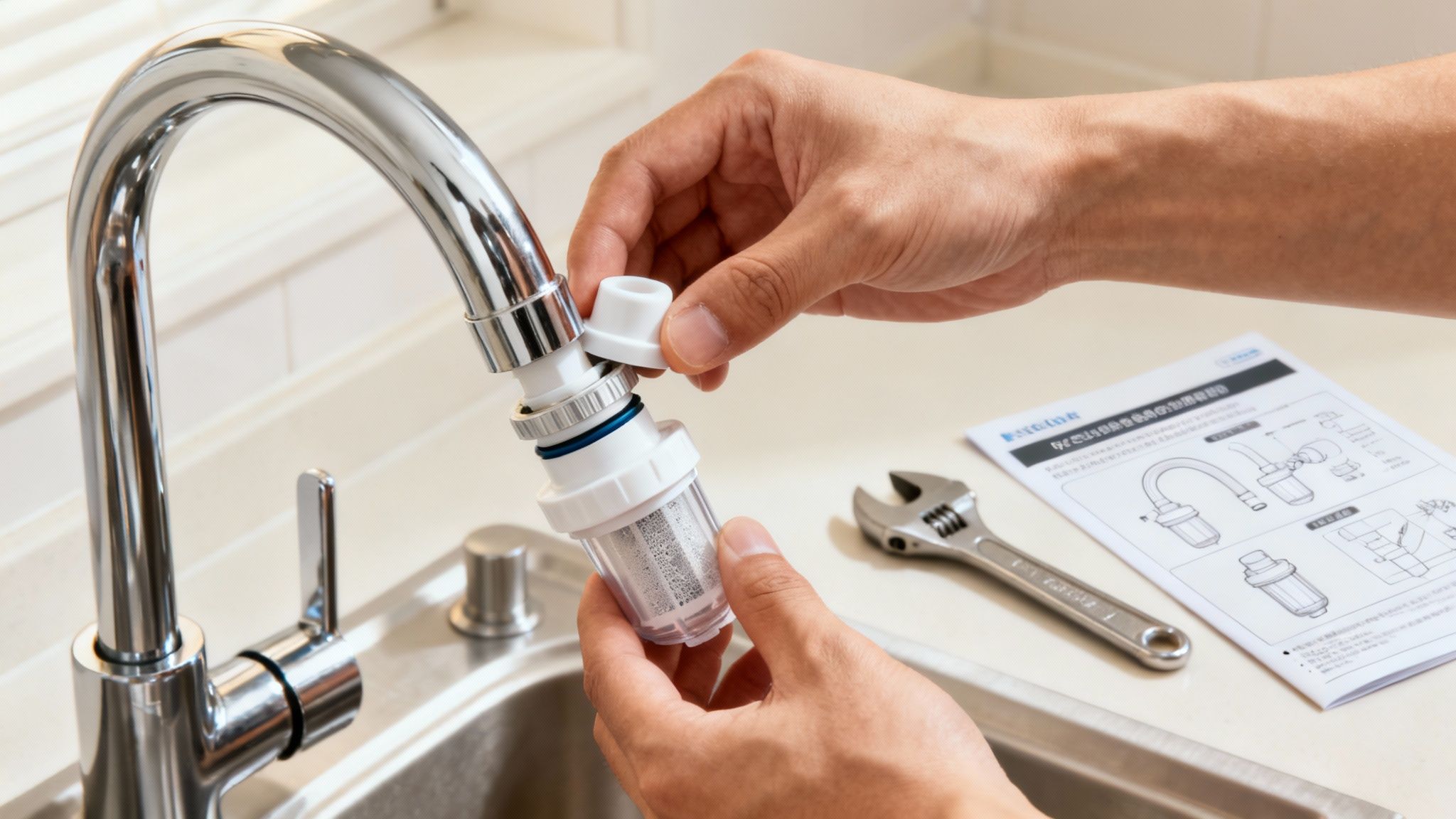 Person's hands installing a white water filter onto a chrome kitchen faucet above a sink.