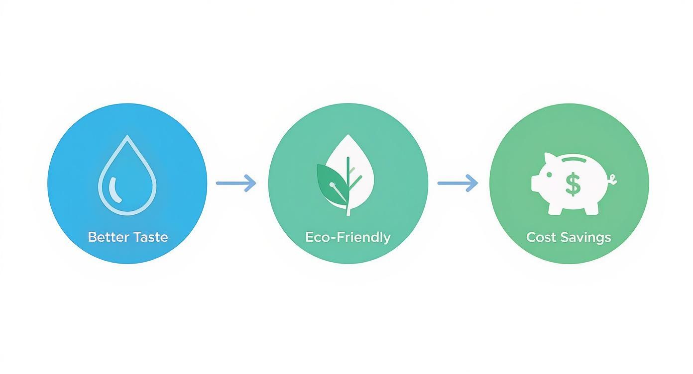 Infographic illustrating the progression from better taste to eco-friendly practices and cost savings.