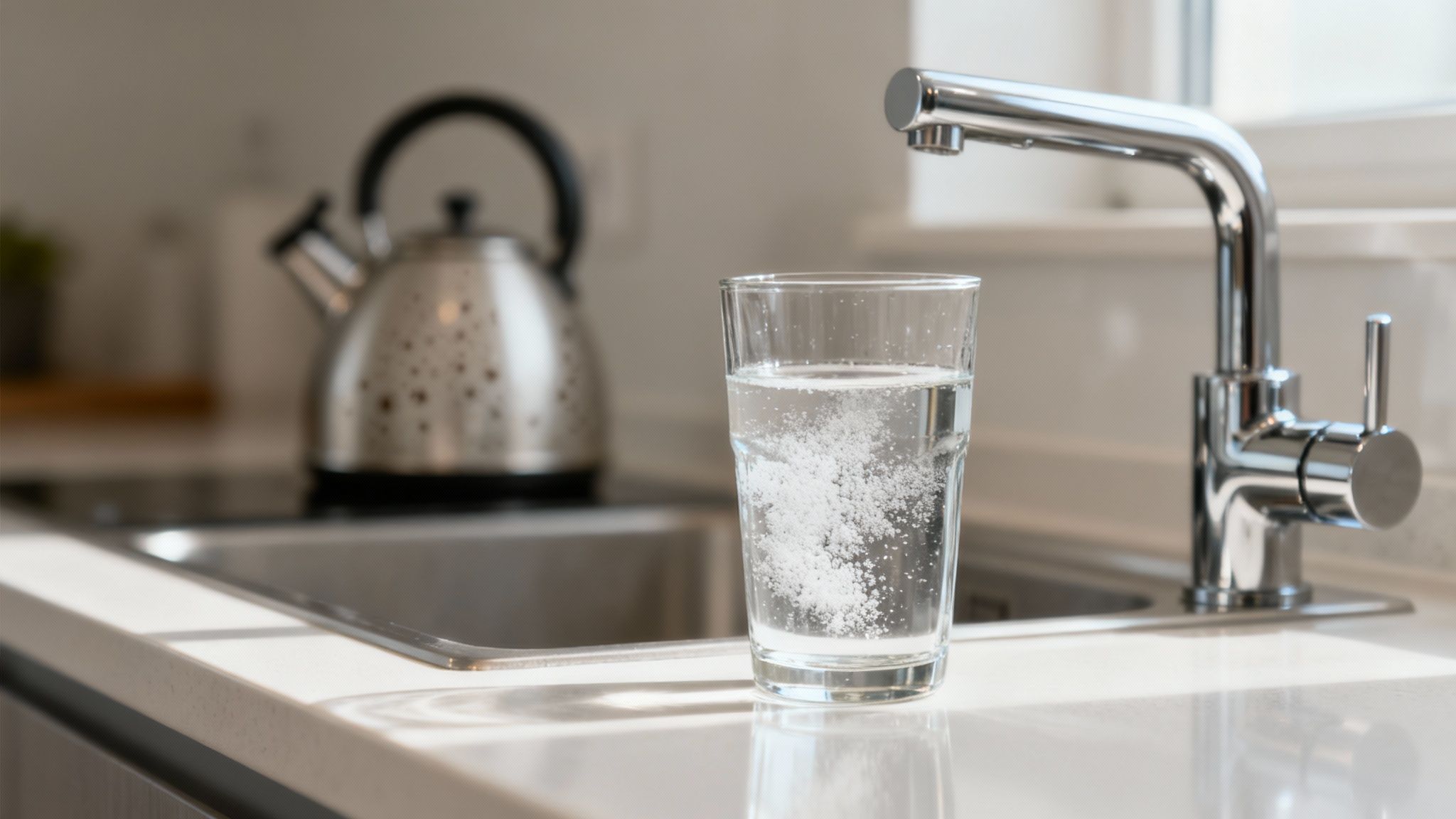 Una persona versa un bicchiere di acqua pulita e purificata dal rubinetto di una cucina moderna.
