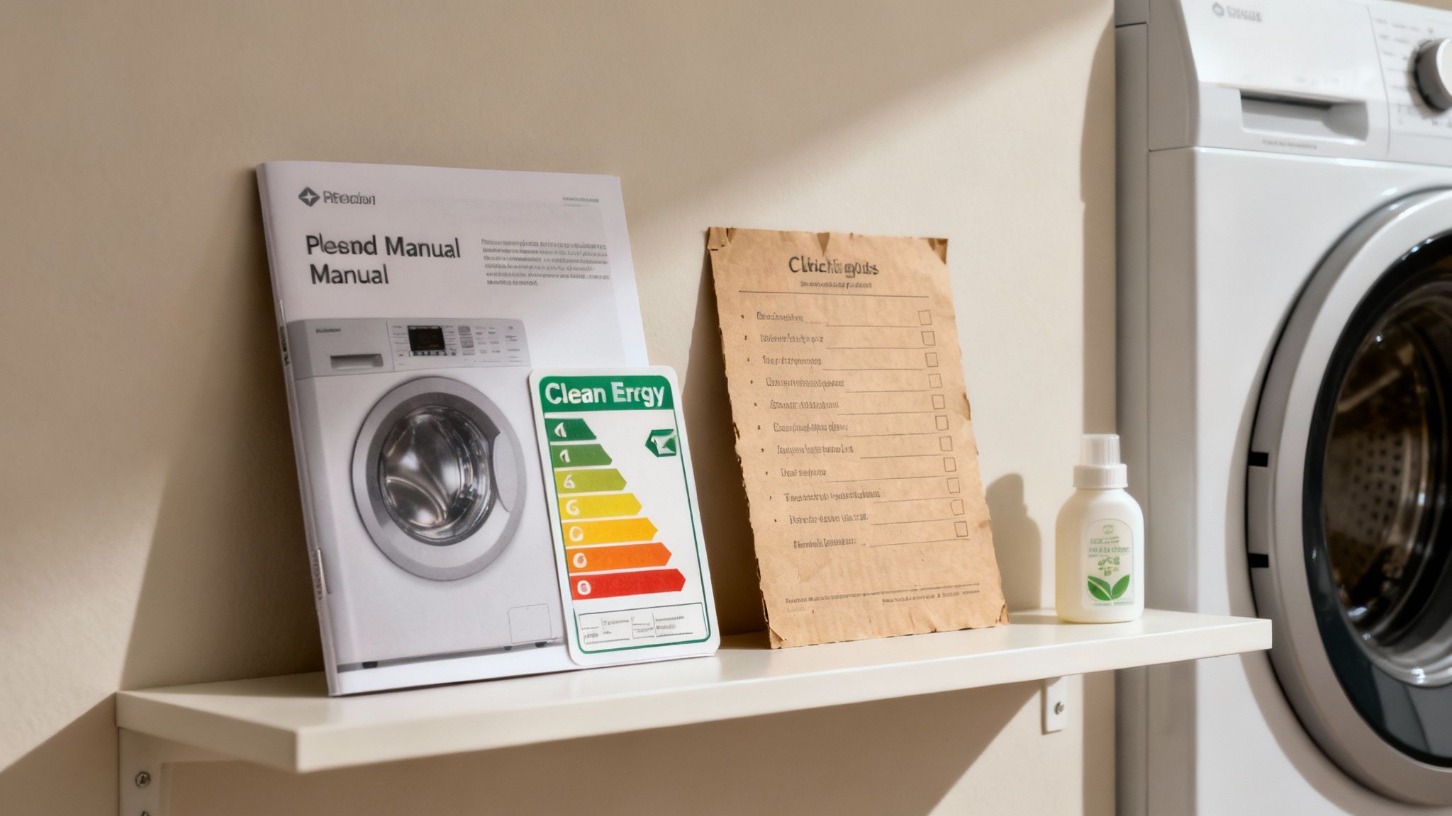 A person's hands placing folded, clean towels on a shelf next to an eco-friendly washing machine.