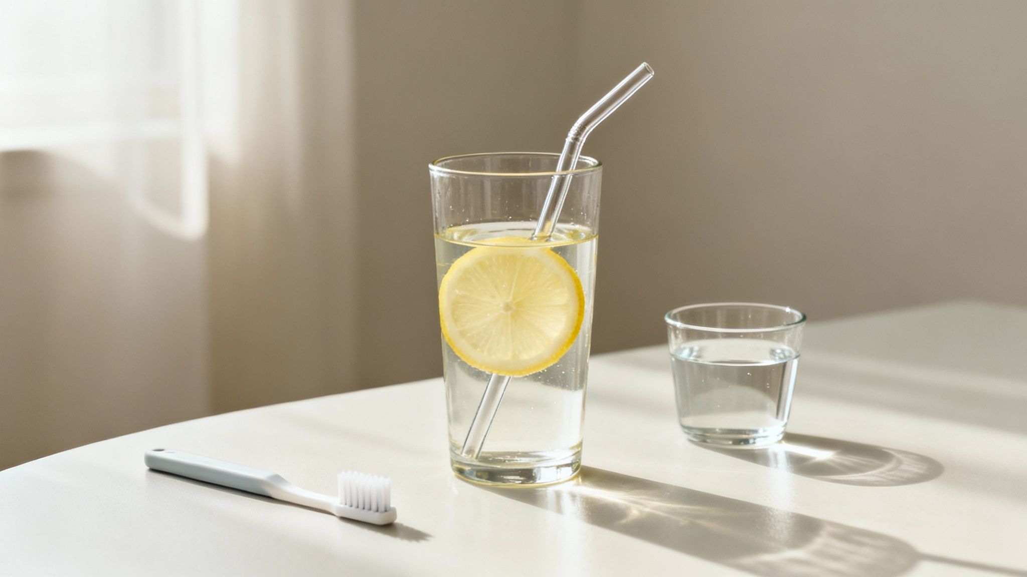 A tall glass of water with lemon and a straw, a smaller glass, and a toothbrush on a table.