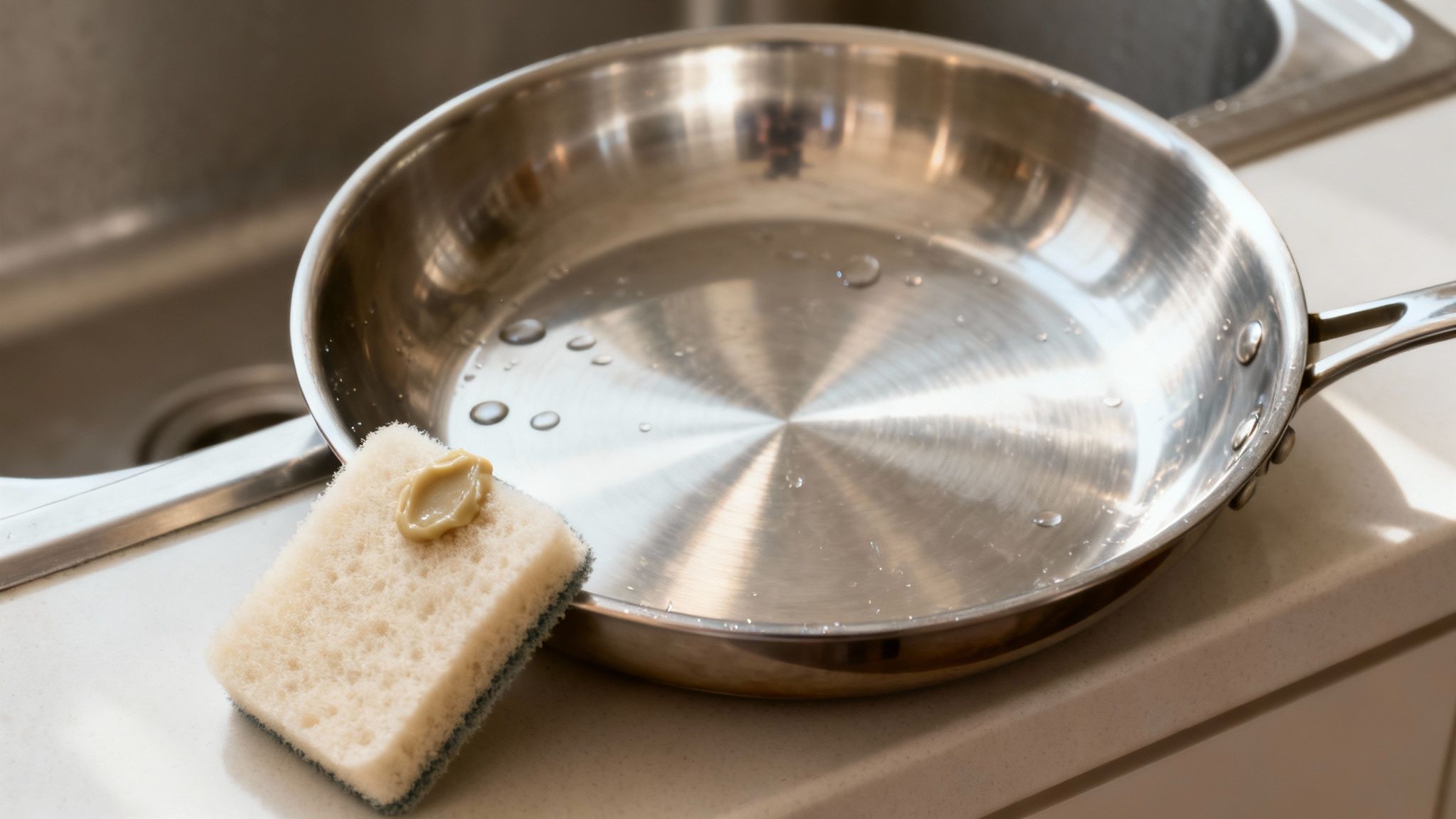 A clean stainless steel pan hanging in a modern kitchen