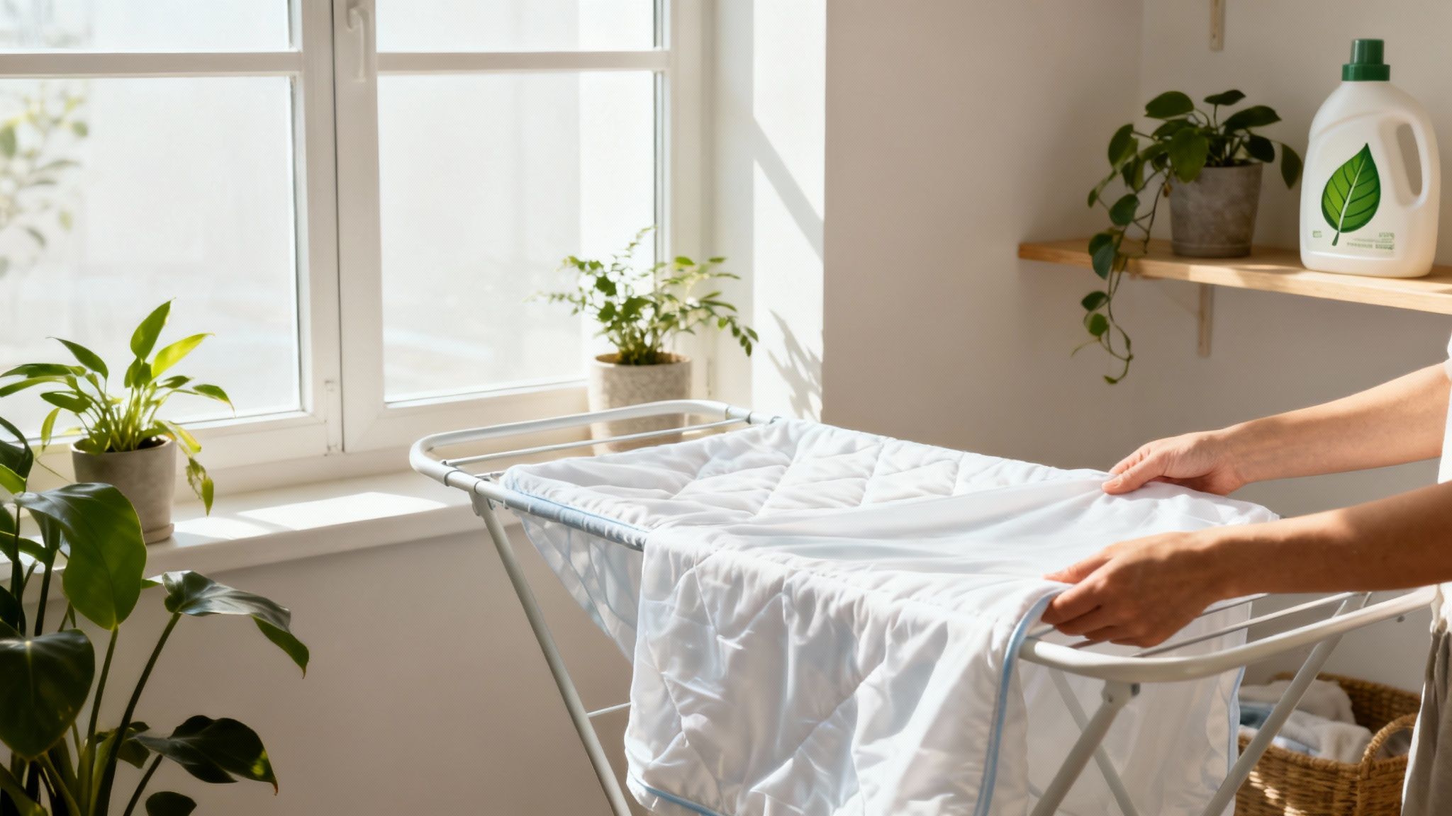 Persona che stende il bucato pulito ad asciugare