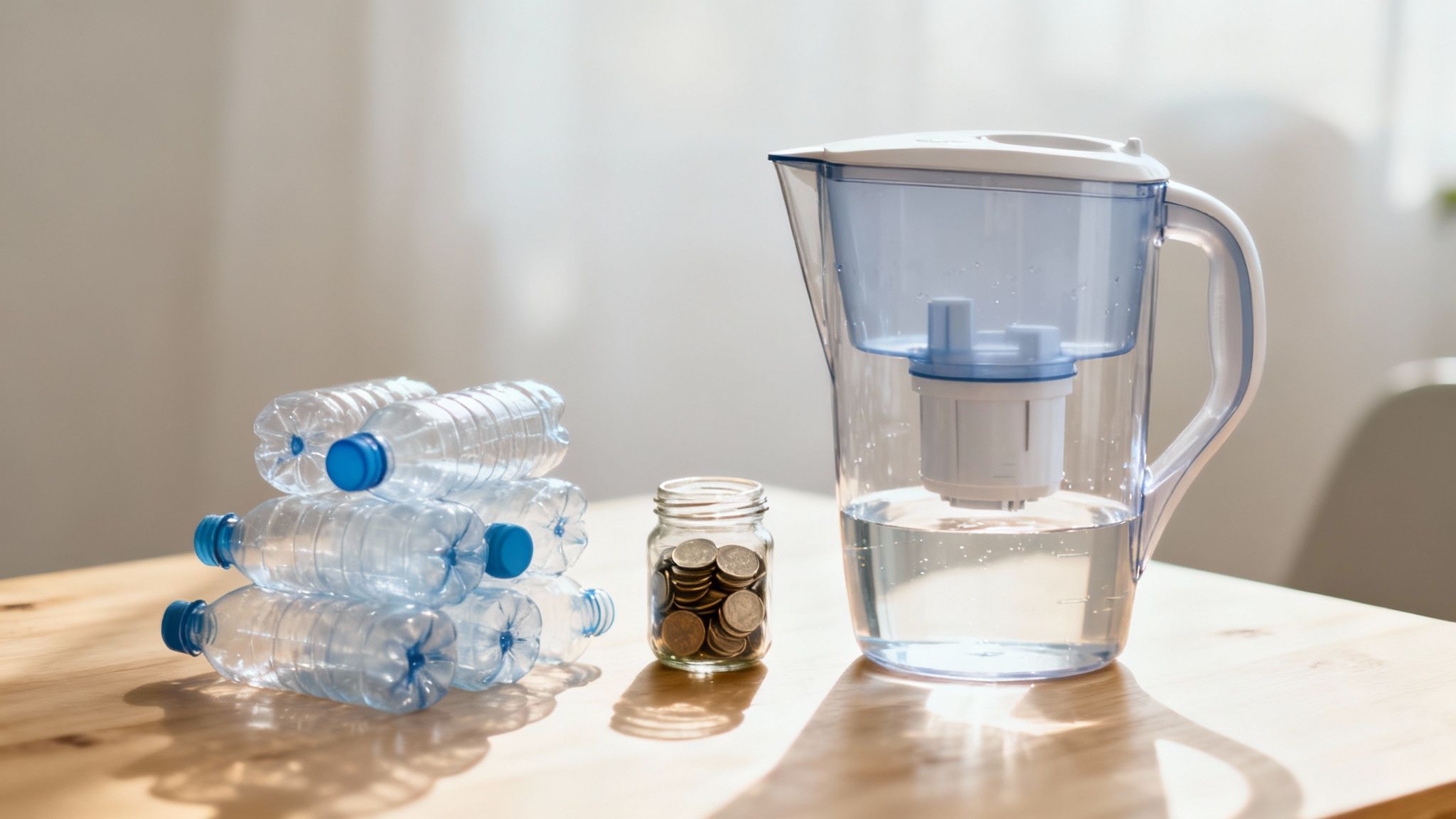 A water filter pitcher, a stack of plastic bottles, and a jar of coins on a wooden table.