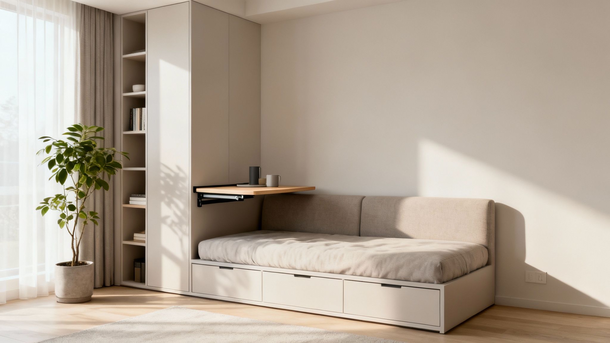 Un piccolo spazio abitativo ben organizzato, con mobili multifunzionali e scaffalature verticali.