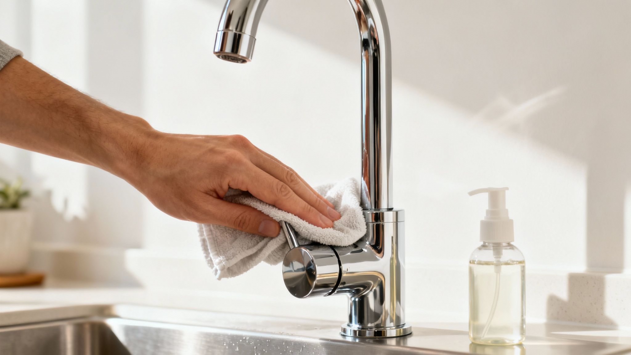 Mâna unei persoane folosește o cârpă albă pentru a curăța un robinet și o manetă de bucătărie cromate moderne.
