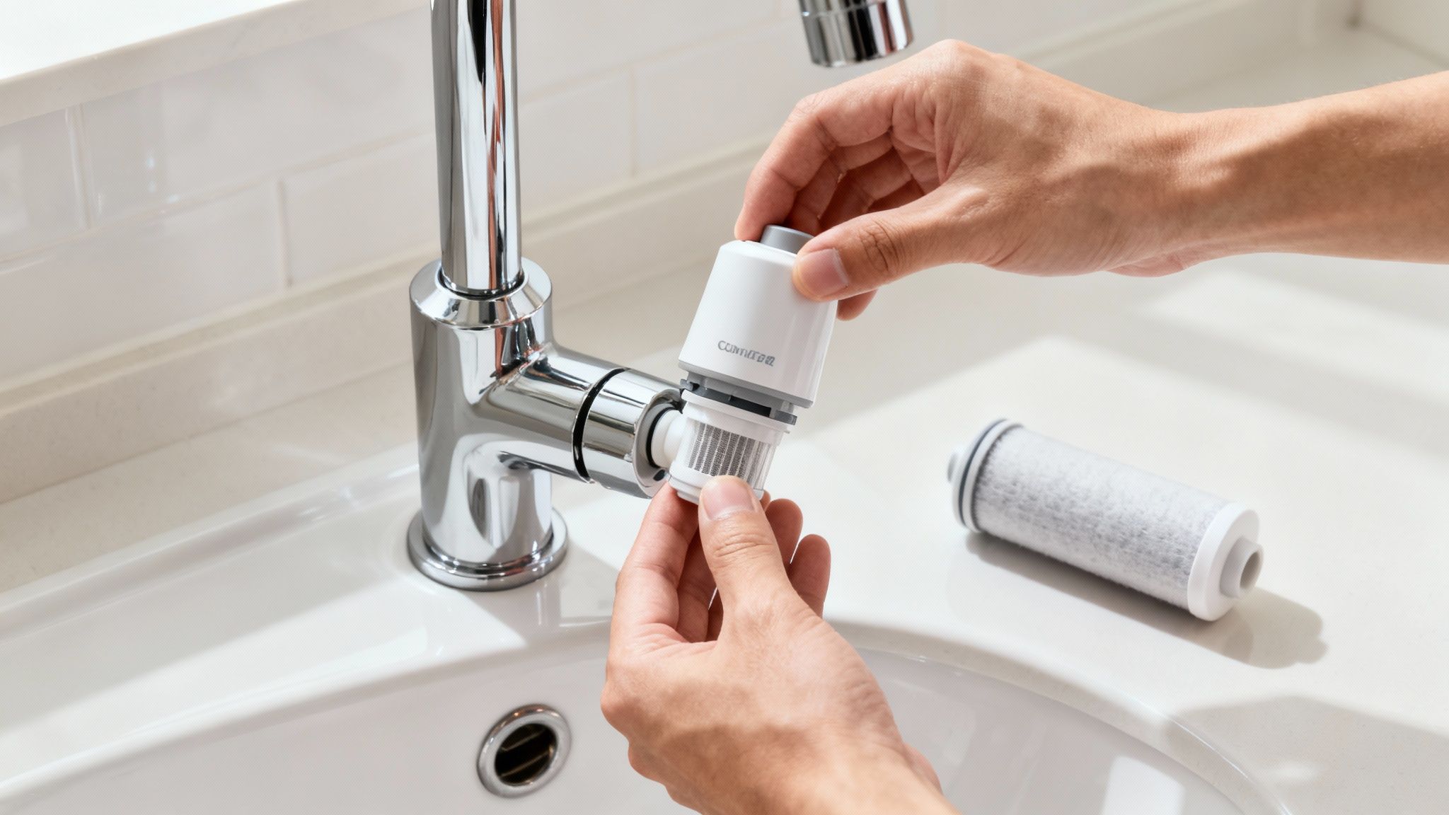 Person installing white water filter cartridge on chrome kitchen faucet for tap water purification