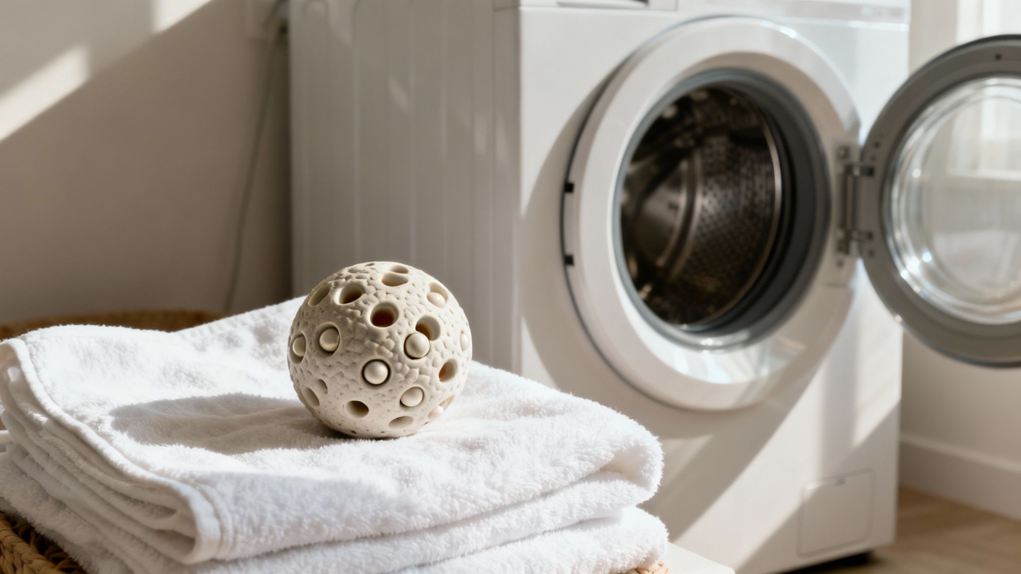 Primo piano di una palla blu per il bucato tenuta sopra una lavatrice piena di vestiti.