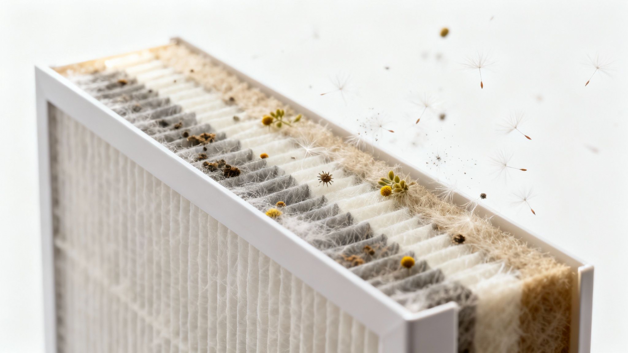 A microscopic view showing a HEPA filter trapping airborne particles like dust and pollen.