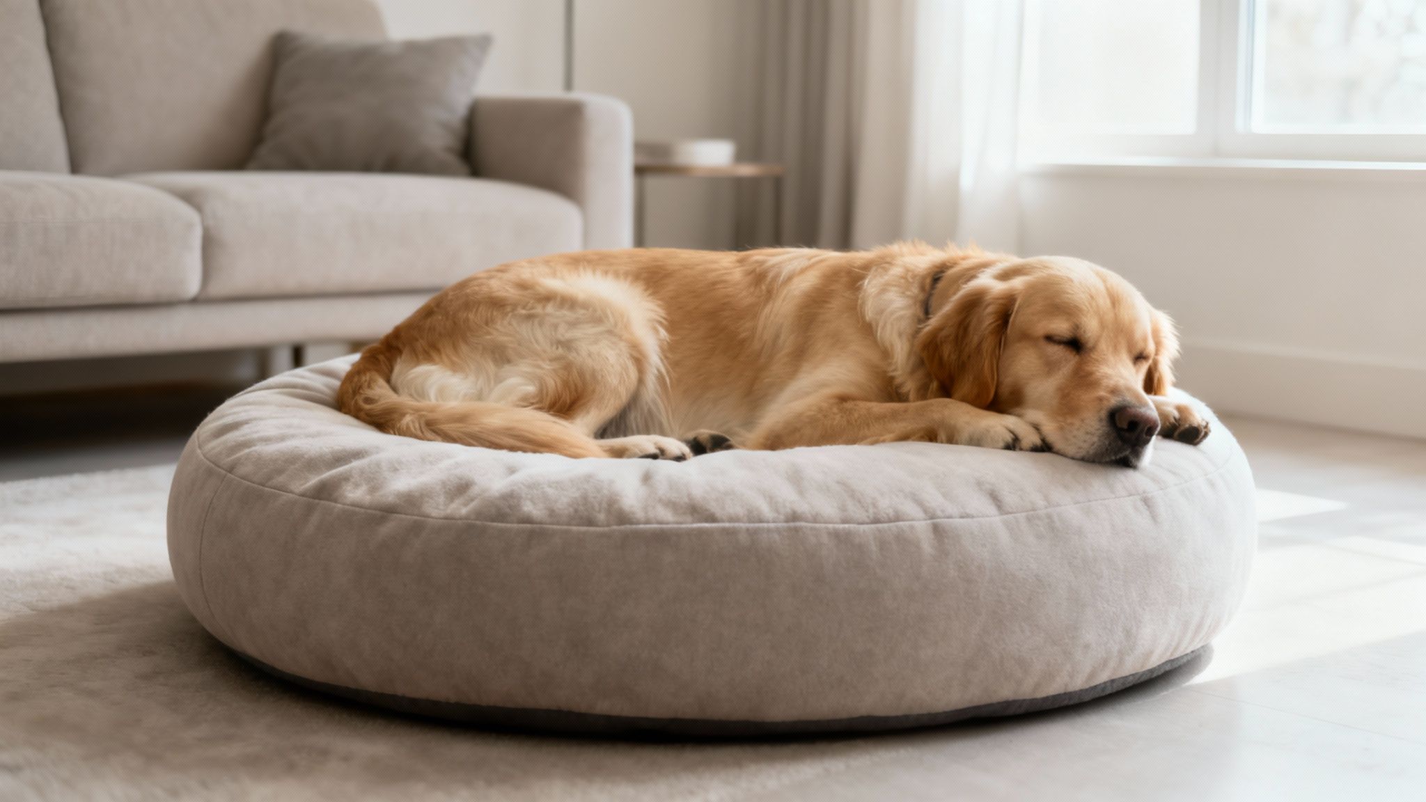A happy dog resting comfortably on a plush, stylish dog bed in a modern living room