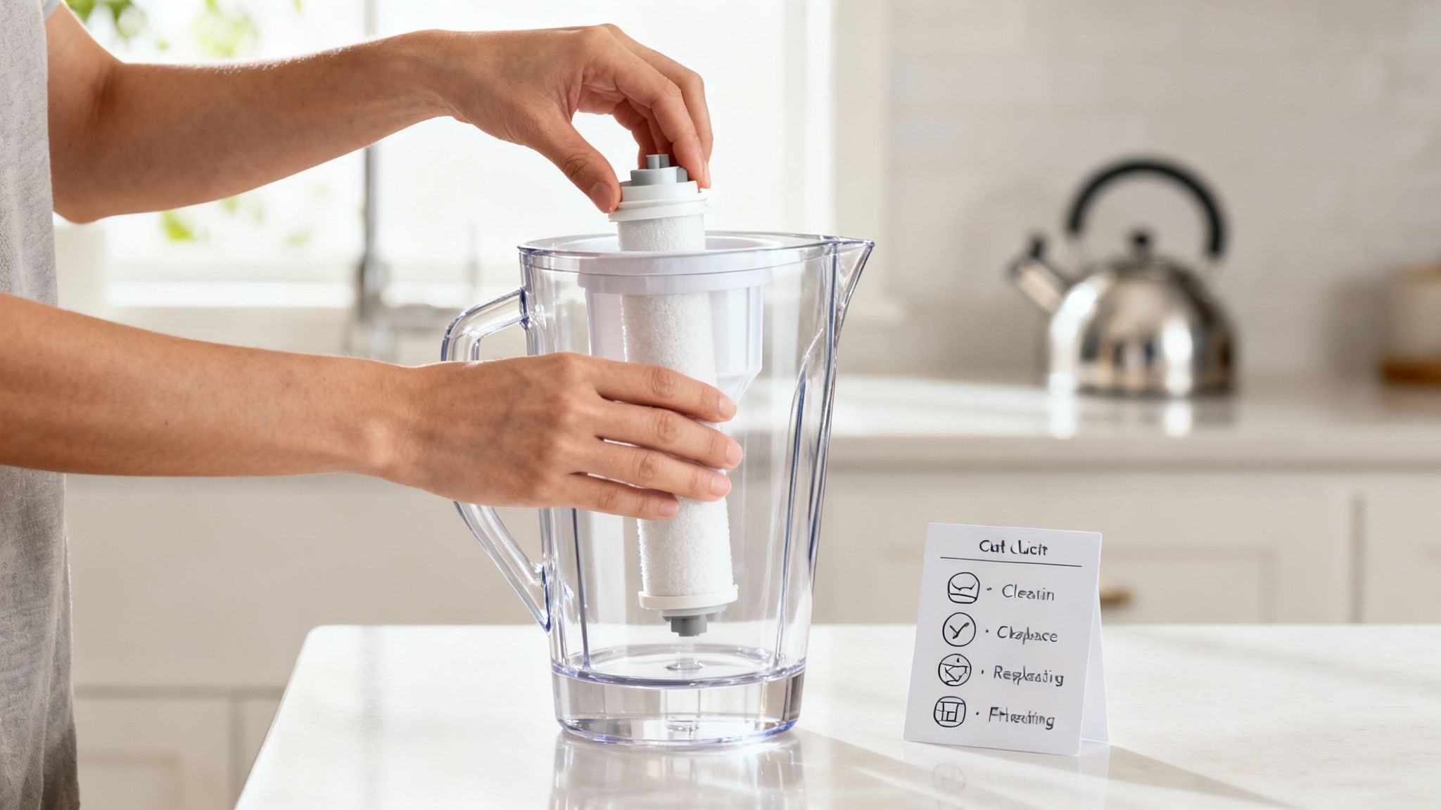 Una famiglia si gode l'acqua filtrata al tavolo della cucina.