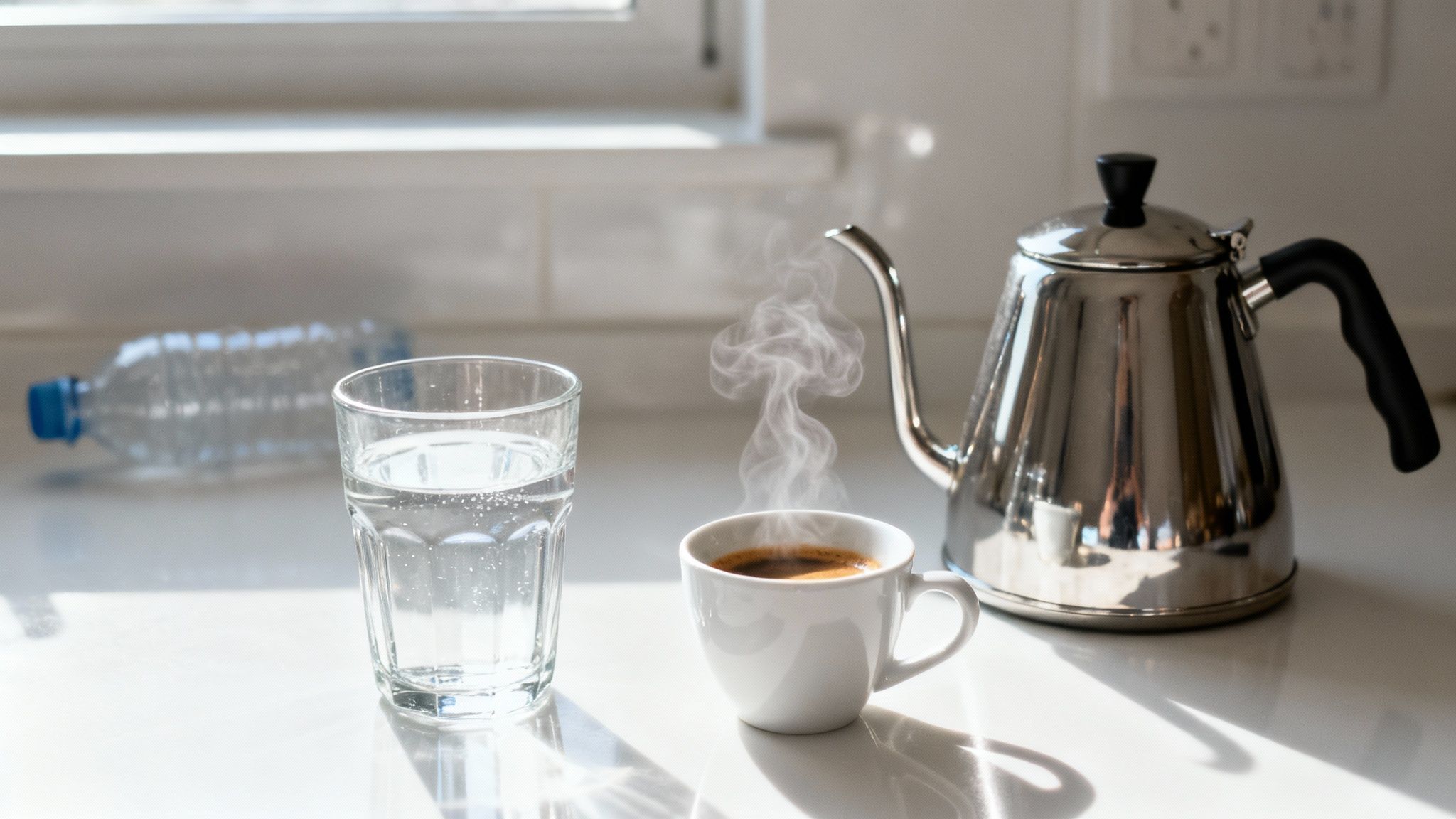 Una famiglia si gode un bicchiere di acqua pulita nella propria cucina.