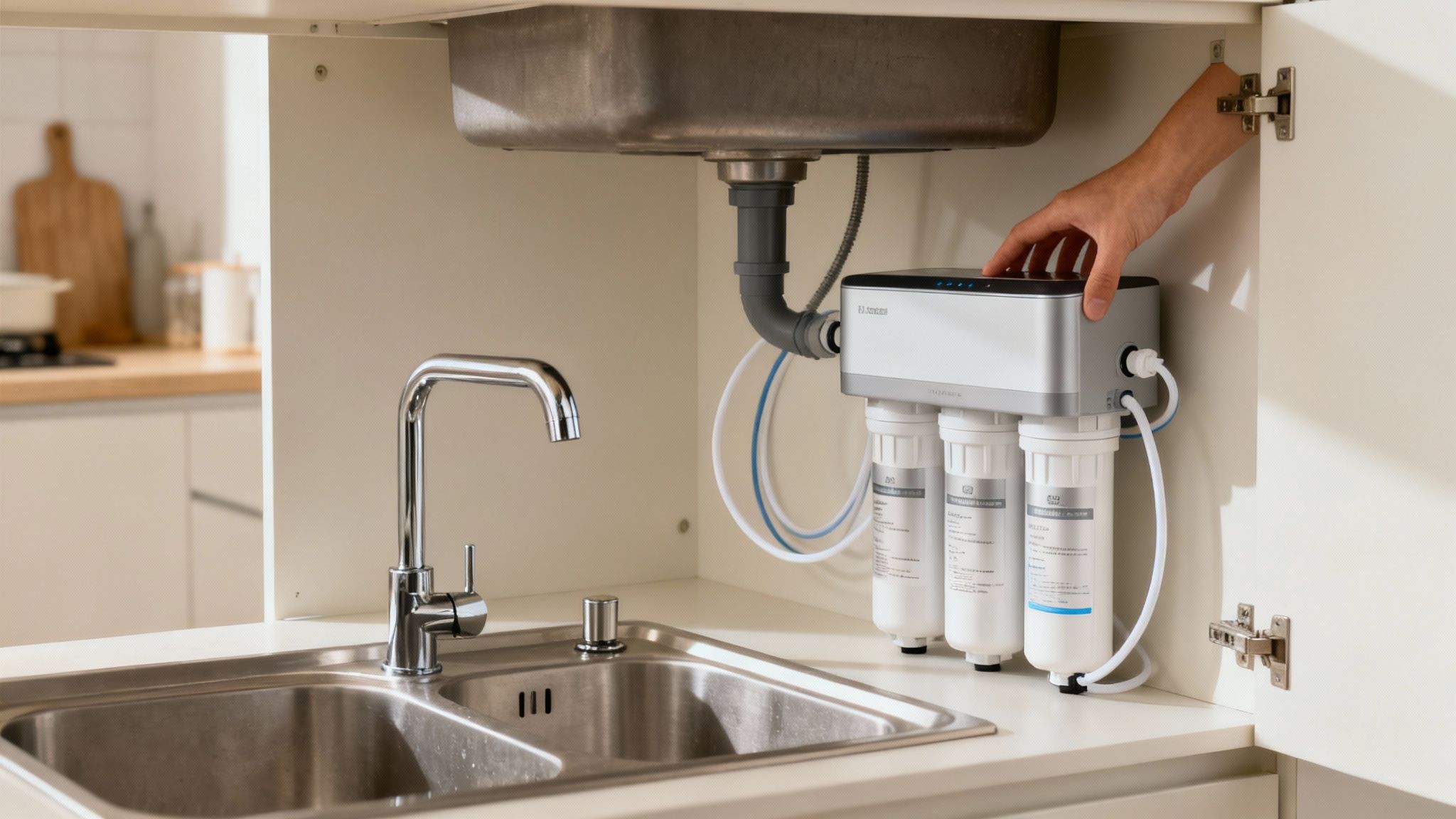 Modern under-sink water purifier installed neatly in a kitchen cabinet.