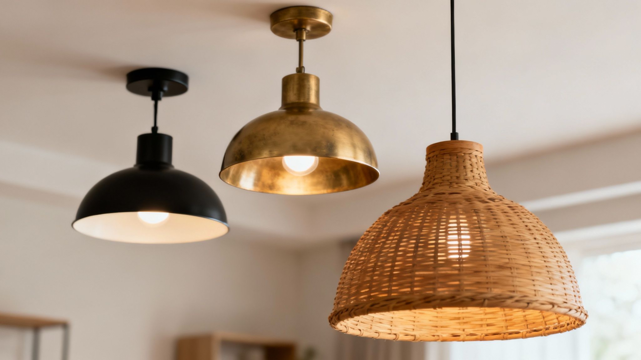 A modern living room featuring a striking ceiling light made of mixed materials like brass and matte black metal.