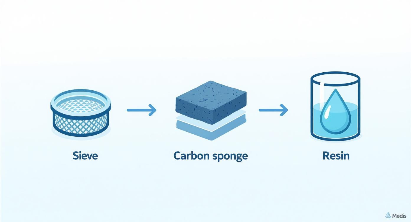 Water filtration progression diagram showing sieve, carbon sponge layers, and resin with water droplet