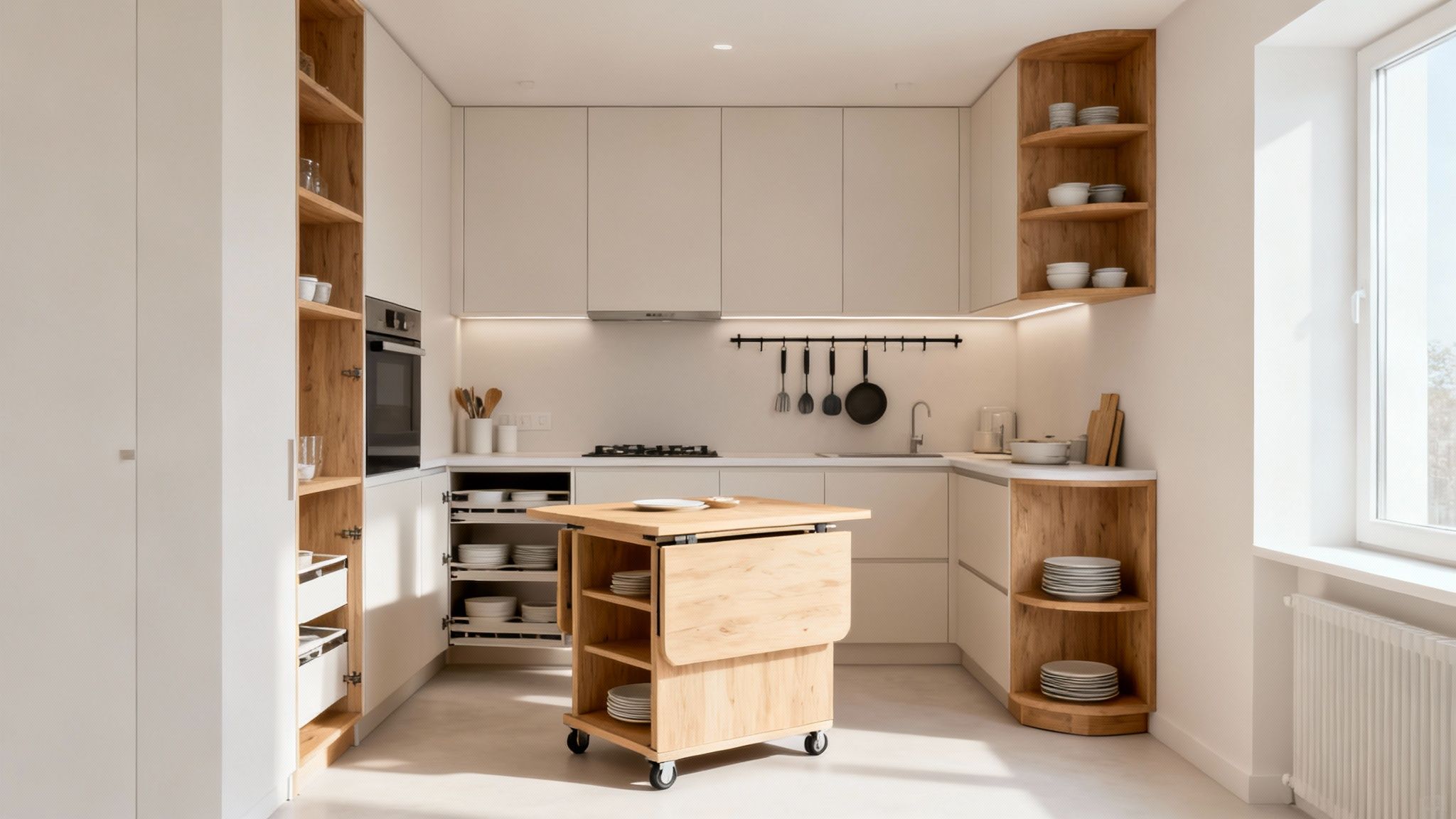 A well-organised mini kitchen featuring vertical storage solutions and a mobile island.